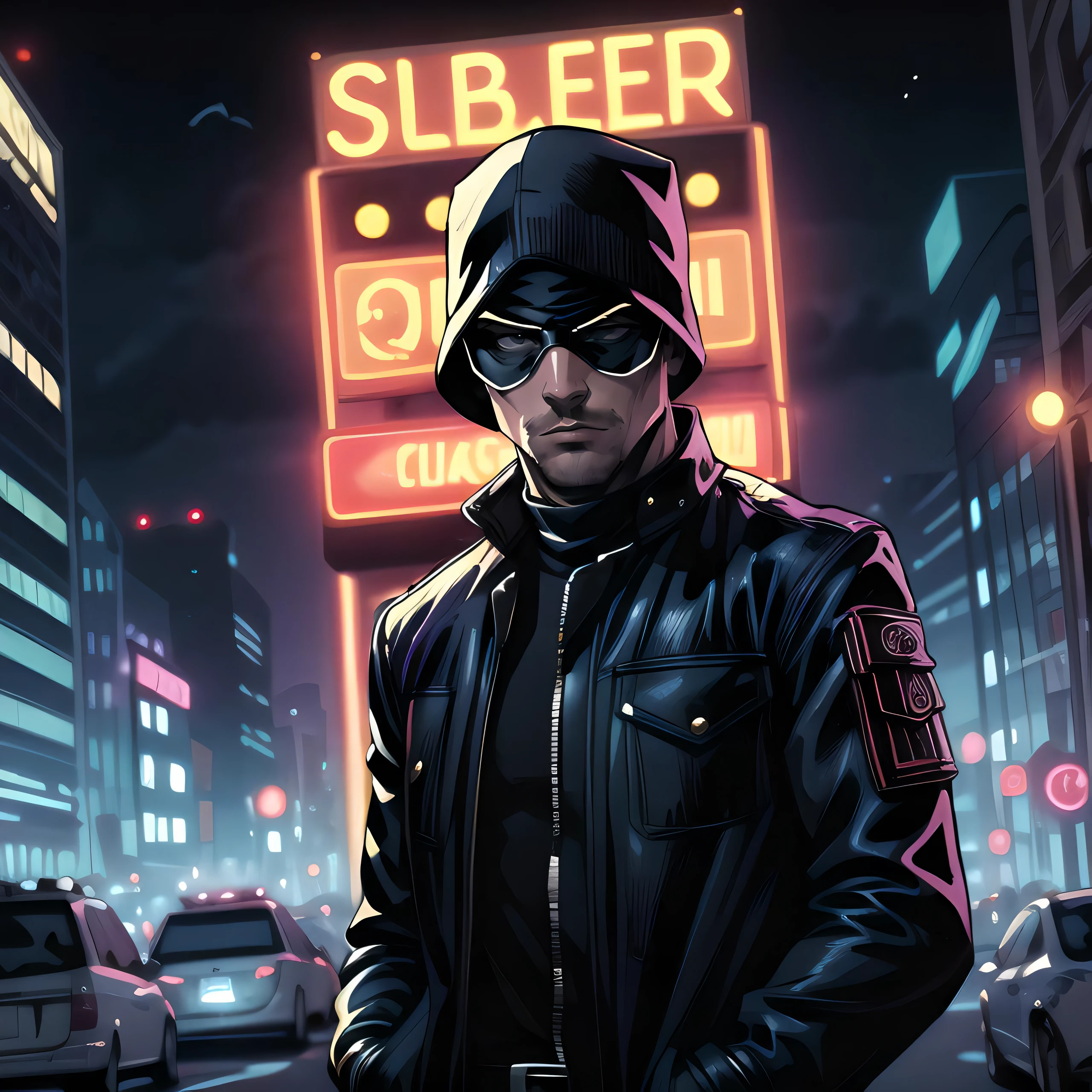 (masterpiece, best quality, very detailed, bright colors, saturation), man, night city, dressed as a robber, robbery, noir, lane, solo