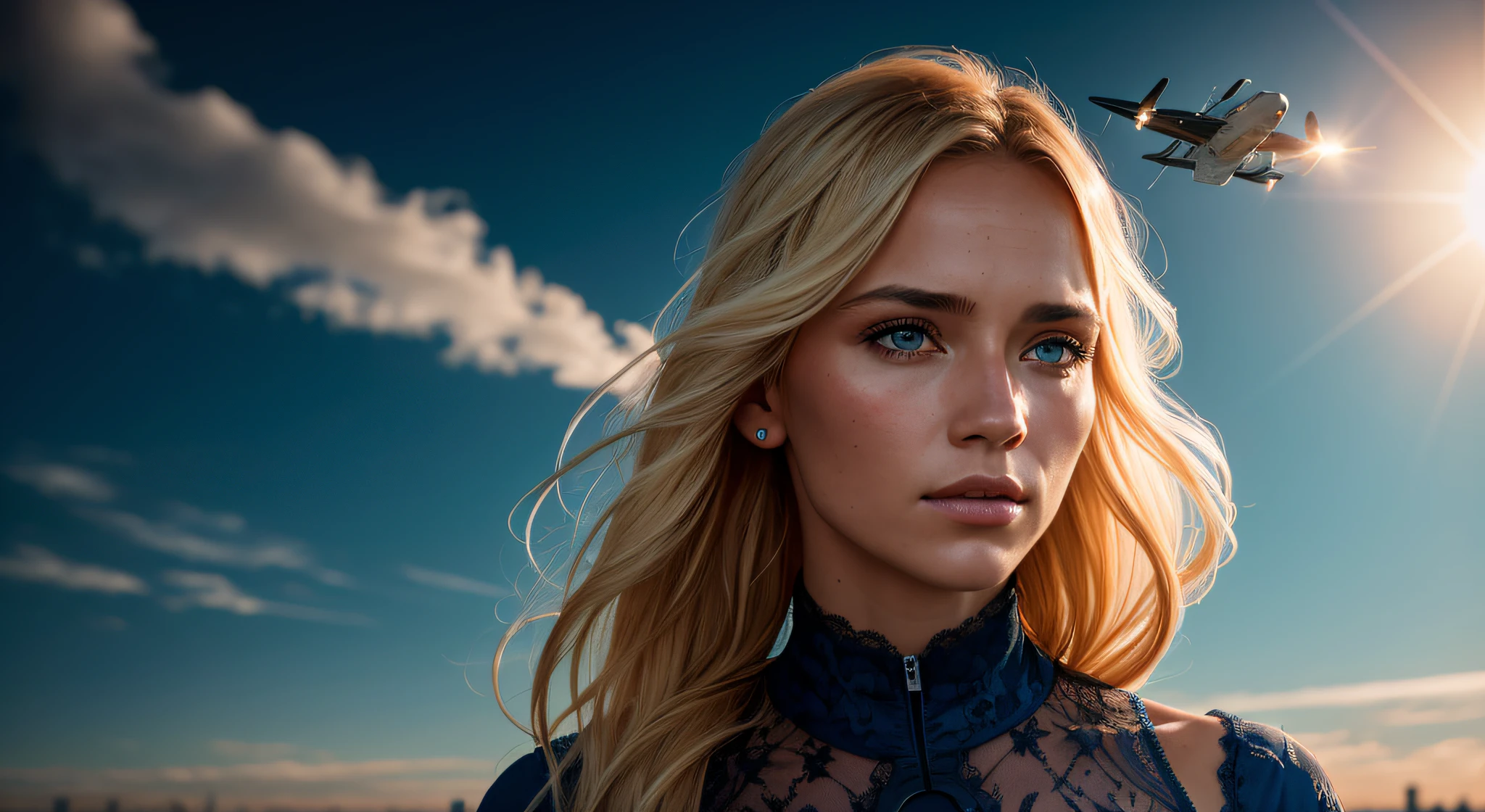 Masterpiece, beautiful blonde Germany girl ((flying in sky above the earth, blue lace intricate future outfit)), sunset lighting, residential quarters, very detailed, dramatic lighting, digital art trending on Artstation 8k HD high definition detailed realistic, detailed, skin texture, hyper detailed, realistic skin texture, armature, best quality, ultra high res, (photorealistic:1.4), high resolution, detailed, raw photo, sharp re, by lee jeffries nikon d850 film stock photograph 4 kodak portra 400 camera f1.6 lens rich colors hyper realistic lifelike texture dramatic lighting unrealengine trending on artstation cinestill 800,