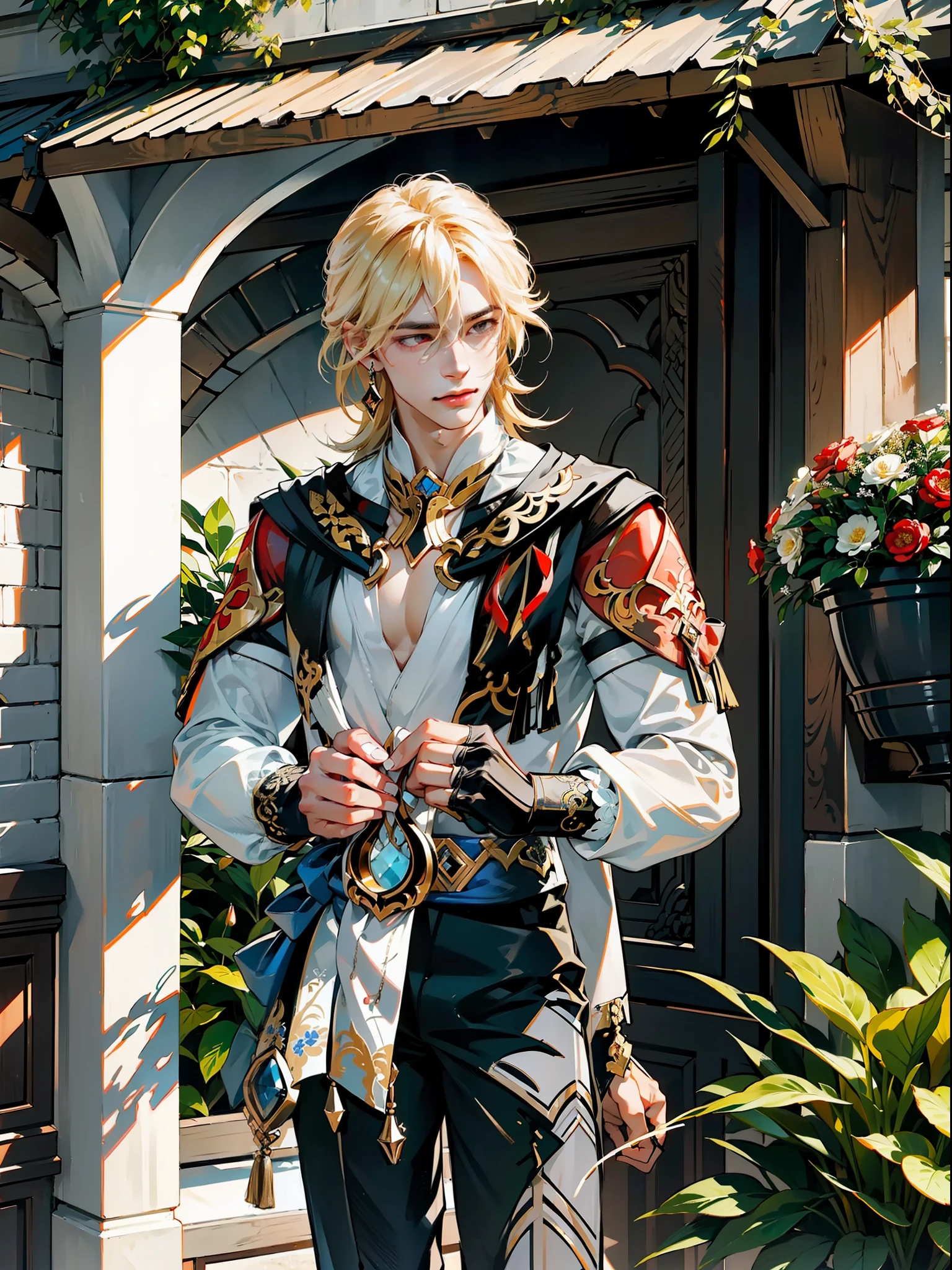 extremely delicate and beautiful, Amazing, finely detail, masterpiece, ultra-detailed, highres,best illustration, best shadow,intricate,sharp focus,  high quality, 1male, solo, blond hair. red eyes, kaveh genshin impact, flowershop front, flowers in pots, flowers for sale