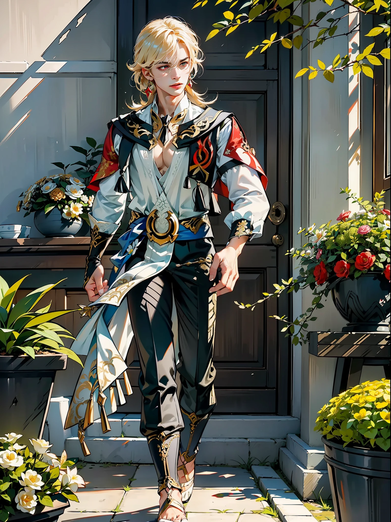 extremely delicate and beautiful, Amazing, finely detail, masterpiece, ultra-detailed, highres,best illustration, best shadow,intricate,sharp focus,  high quality, 1male, solo, blond hair. red eyes, kaveh genshin impact, flowershop front, flowers in pots, flowers for sale
