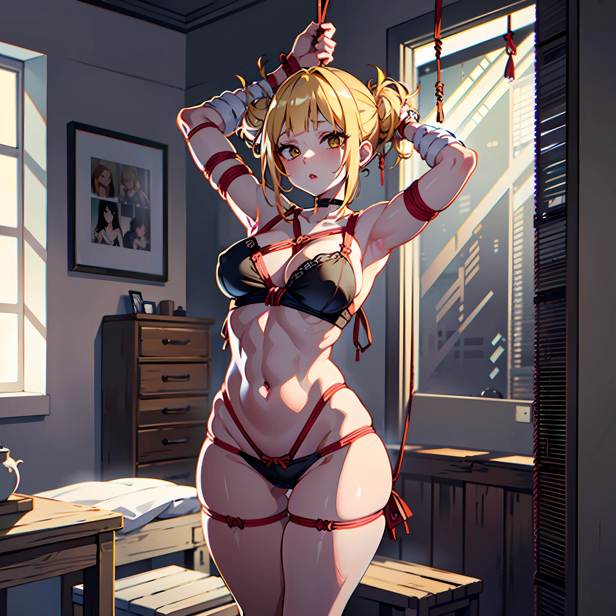girl standing in a bedroom, standing, shibari, bdsm, tied up, ropes, bondage ropes, tied with ropes, blonde hair, ultra detailed, 8k, ultra high quality, beautiful body, bedroom, bound, restrained, perfect body proportions, underwear, arms tied up, short hair, pervert, himiko toga, suspended