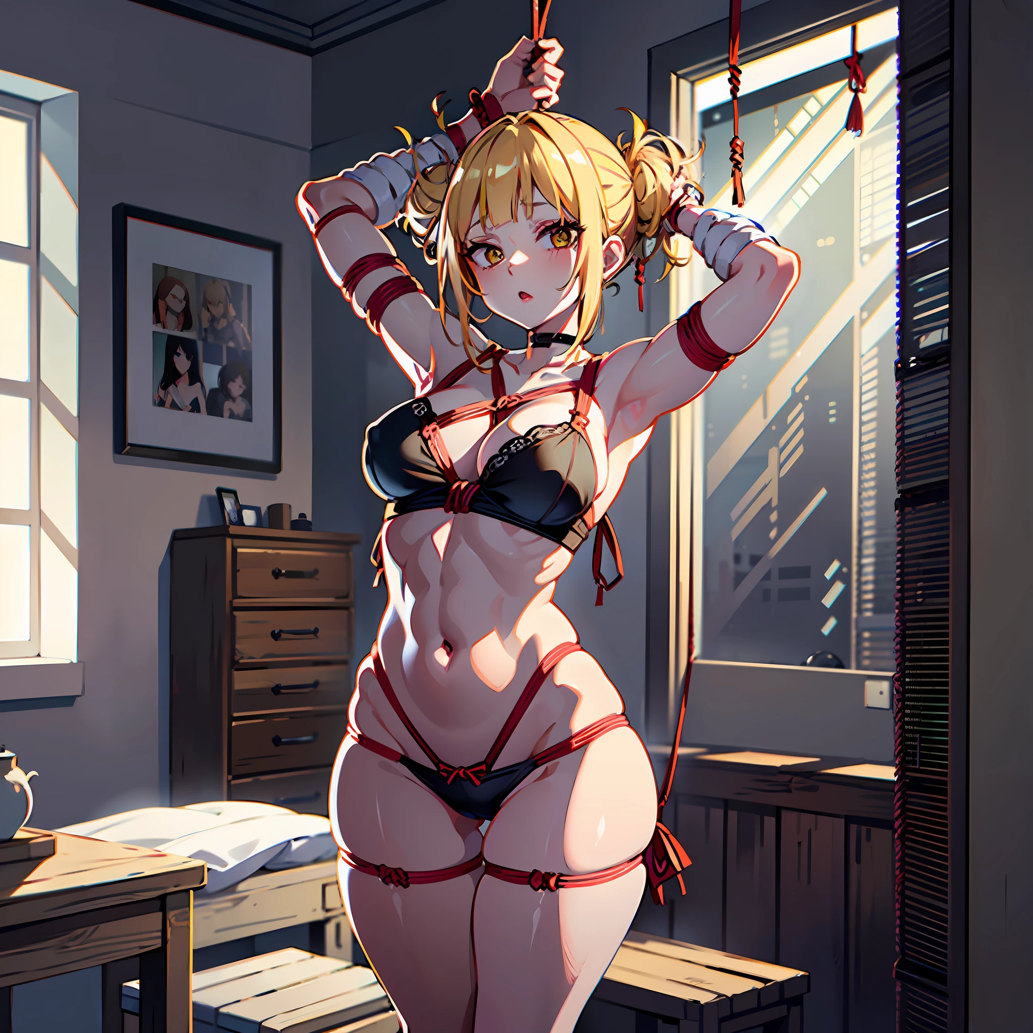 girl standing in a bedroom, standing, shibari, bdsm, tied up, ropes, bondage ropes, tied with ropes, blonde hair, ultra detailed, 8k, ultra high quality, beautiful body, bedroom, bound, restrained, perfect body proportions, underwear, arms tied up, short hair, pervert, himiko toga, suspended