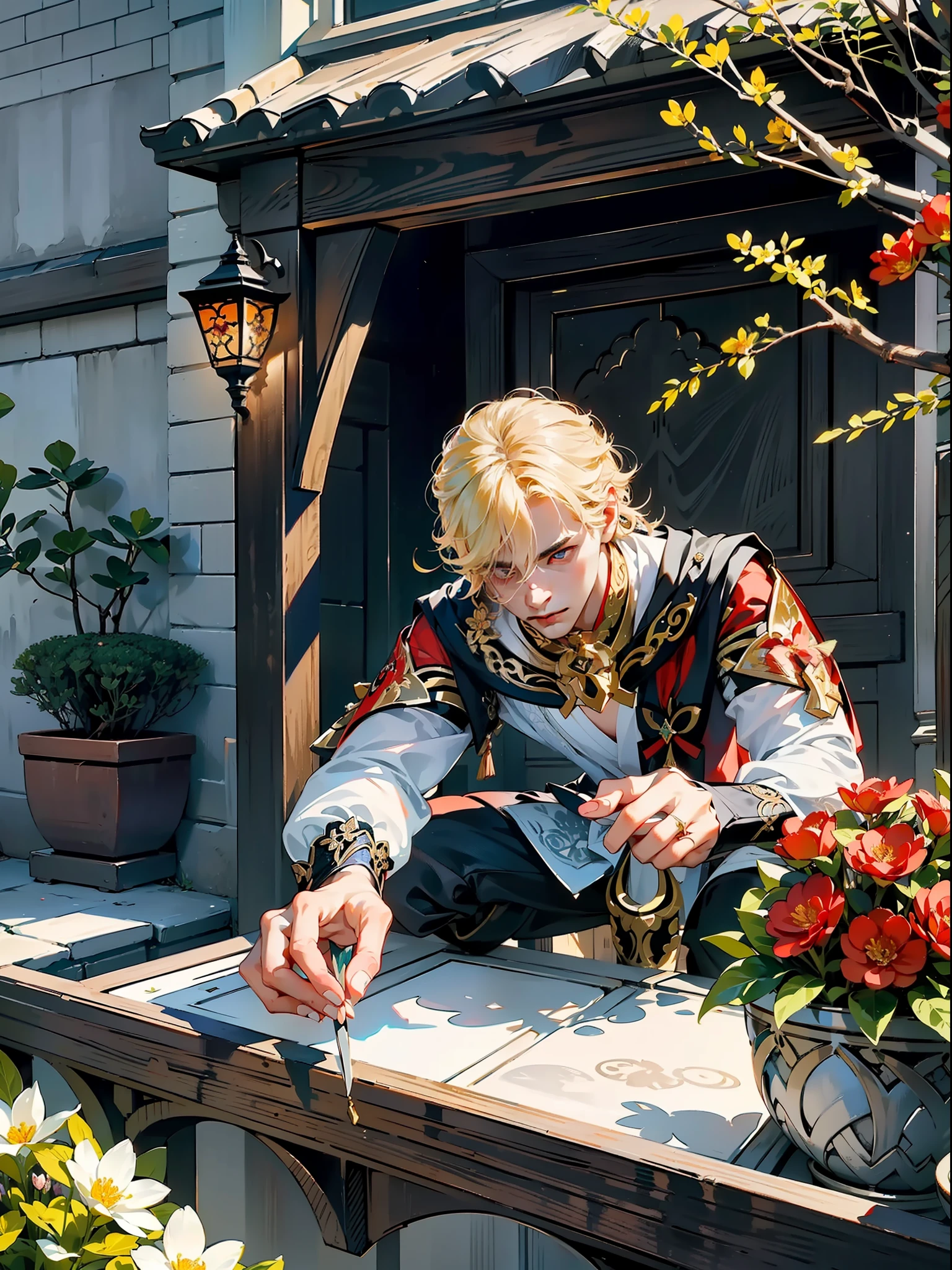 extremely delicate and beautiful, Amazing, finely detail, masterpiece, ultra-detailed, highres,best illustration, best shadow,intricate,sharp focus, high quality, 1male, solo, blond hair. red eyes, kaveh genshin impact, flowershop front, flowers in pots, flowers for sale