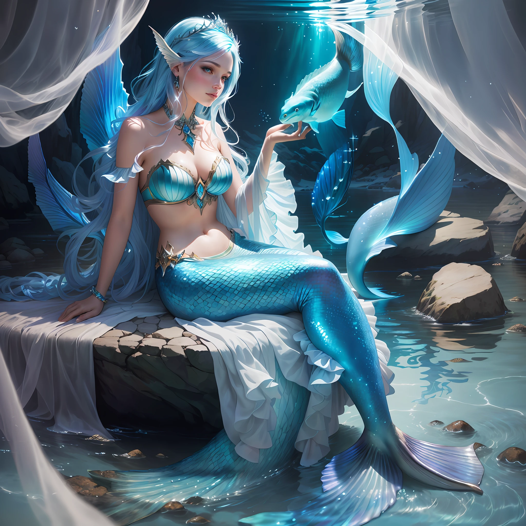 mermaid sitting on a rock with a fish in her hand and neon blue light, beautiful mermaid, by Cynthia Sheppard, beautiful fantasy art, very beautiful fantasy art, portrait of mermaid queen, realistic fantasy illustration, magali villeneuve', beautiful digital artwork, closeup fantasy with water magic and magic light, fantasy art behance, graphic artist magali villeneuve, breathtaking fantasy art, portrait of mermaid