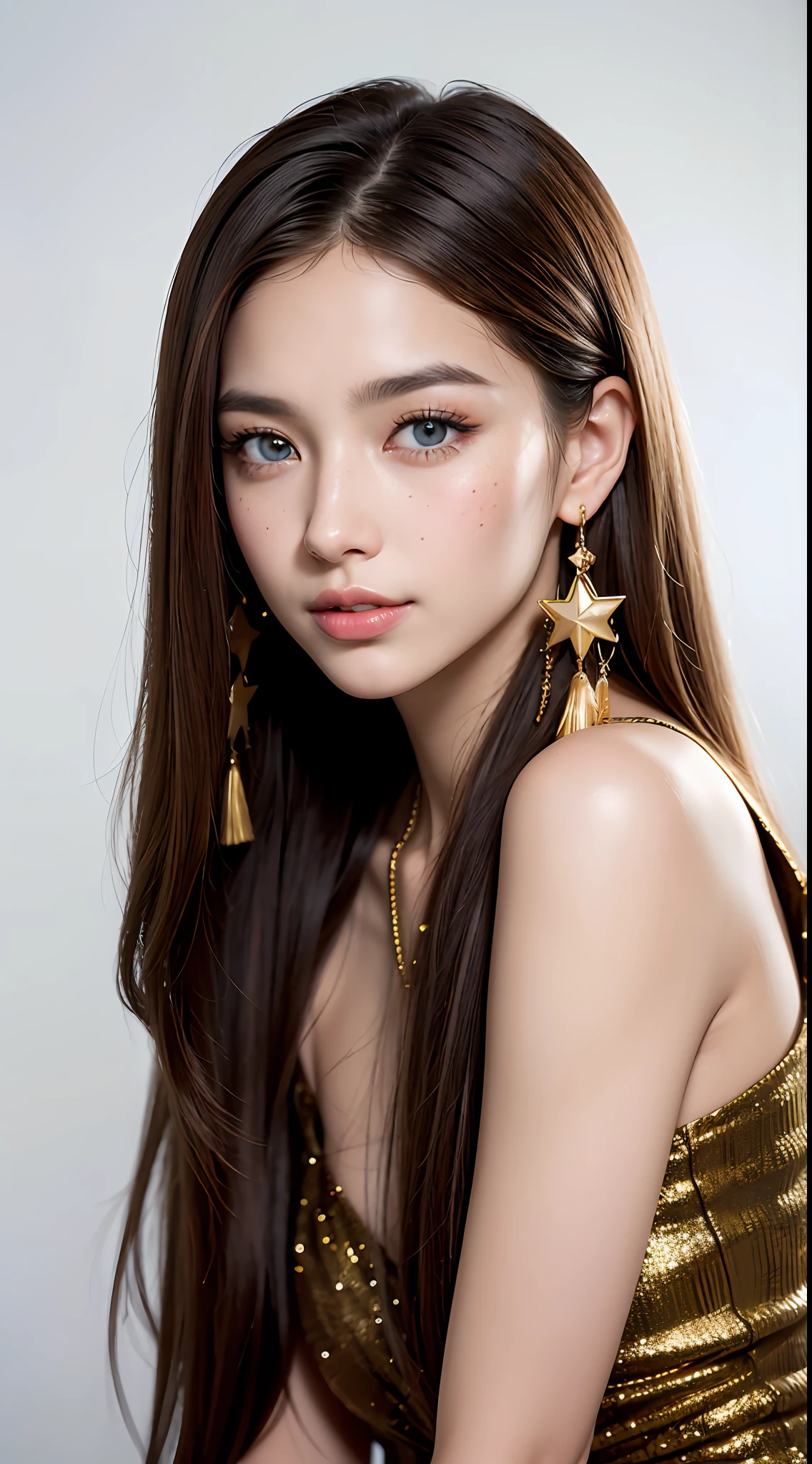 A face photograph of a beautiful ((16 years)) an American woman, centered photo, award-winning photo, best quality, portrait by Annie Leibovitz, Canon 5D Mark II, film, professional photography, (rich colors: 1.1), hyper realistic, realistic texture, (natural lighting: 1.1), (Canon EF 85mm f/1.4L IS USM), makeup face, very long hair, light brown hair mixed with blonde,  slightly wavy hair, voluminous hair, large and bright blue eyes, rounded eyes, Western woman, thick lips, very tanned skin, shy smile, extremely beautiful, long eyelashes, extremely detailed eyes and face, delicate and plump nose, realistic pupils, light freckles on the face, gold earrings, hair parted sideways, arched eyebrow, black mascara in the eyes, gold cord with star pendant,  (increase the quality of cinematic lighting: 0.9), (Increase the beauty of the skin texture:1.1), smooth white background wall, sharp focus, cinematic lighting, do not crop the photo, do not cut the shoulders, show the shoulders