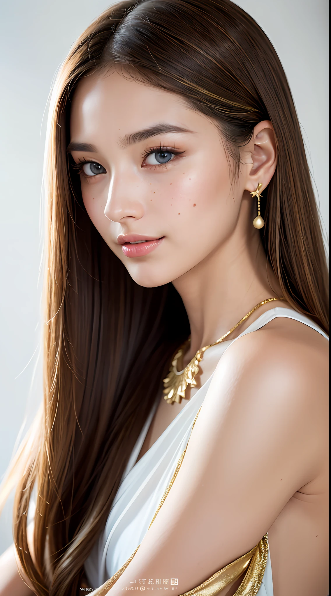 A face photograph of a beautiful ((16 years)) an American woman, centered photo, award-winning photo, best quality, portrait by Annie Leibovitz, Canon 5D Mark II, film, professional photography, (rich colors: 1.1), hyper realistic, realistic texture, (natural lighting: 1.1), (Canon EF 85mm f/1.4L IS USM), makeup face, very long hair, light brown hair mixed with blonde,  slightly wavy hair, voluminous hair, large and bright blue eyes, rounded eyes, Western woman, thick lips, very tanned skin, shy smile, extremely beautiful, long eyelashes, extremely detailed eyes and face, delicate and plump nose, realistic pupils, light freckles on the face, gold earrings, hair parted sideways, arched eyebrow, black mascara in the eyes, gold cord with star pendant,  (increase the quality of cinematic lighting: 0.9), (Increase the beauty of the skin texture:1.1), smooth white background wall, sharp focus, cinematic lighting, do not crop the photo, do not cut the shoulders, show the shoulders