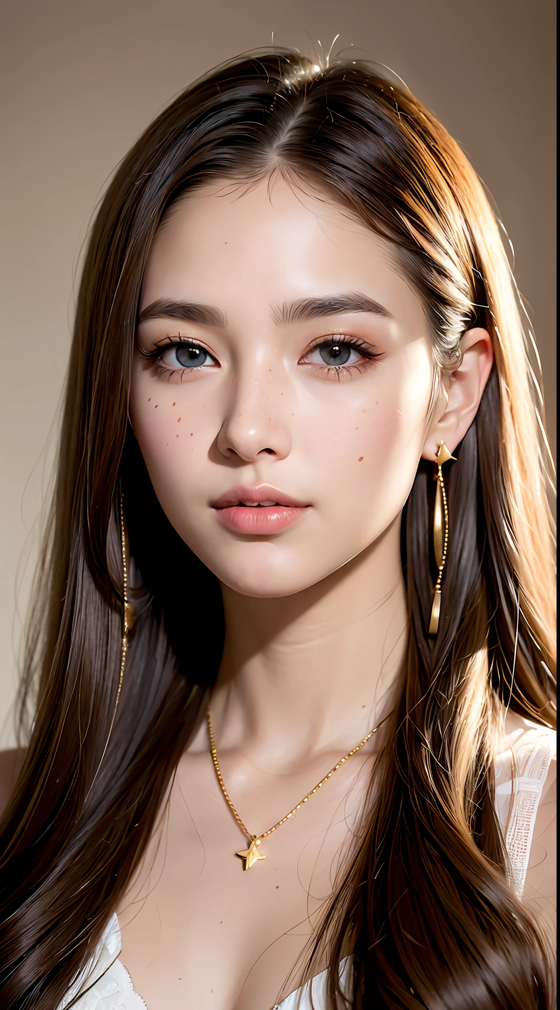 A face photograph of a beautiful ((16 years)) an American woman, centered photo, award-winning photo, best quality, portrait by Annie Leibovitz, Canon 5D Mark II, film, professional photography, (rich colors: 1.1), hyper realistic, realistic texture, (natural lighting: 1.1), (Canon EF 85mm f/1.4L IS USM), makeup face, very long hair, light brown hair mixed with blonde, slightly wavy hair, voluminous hair, large and bright blue eyes, rounded eyes, Western woman, thick lips, very tanned skin, shy smile, extremely beautiful, long eyelashes, extremely detailed eyes and face, delicate and plump nose, realistic pupils, light freckles on the face, gold earrings, hair parted sideways, arched eyebrow, black mascara in the eyes, gold cord with star pendant, (increase the quality of cinematic lighting: 0.9), (Increase the beauty of the skin texture:1.1), smooth white background wall, sharp focus, cinematic lighting, do not crop the photo, do not cut the shoulders, show the shoulders