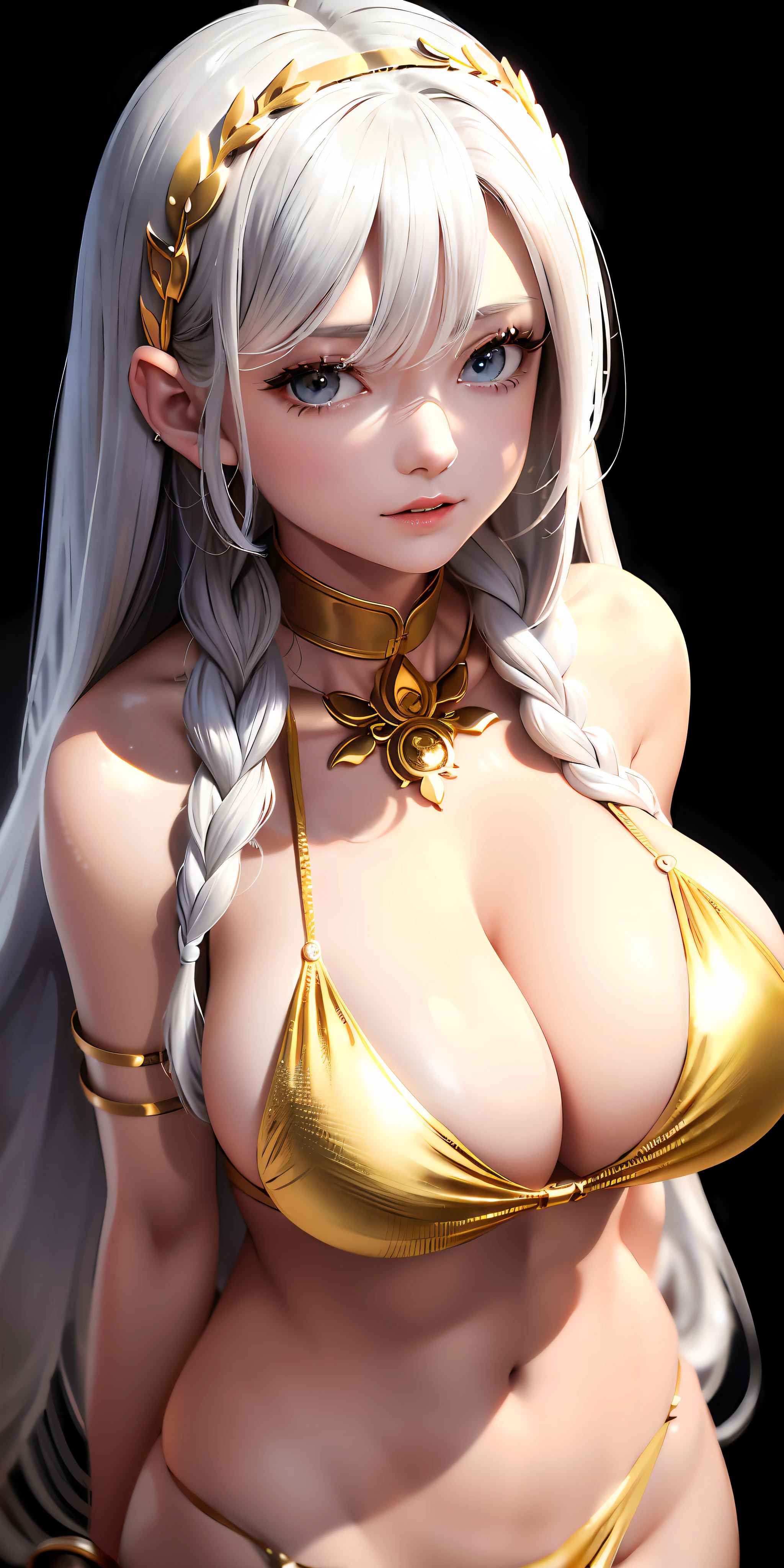 Top quality, masterpiece, gray hair, gold-eyed, white clothes, looking up, upper body, hair strands, fair skin, side braids, huge breasts, stunning lower body, wavy white wavy hair, micro bikini with raised, metal accessories