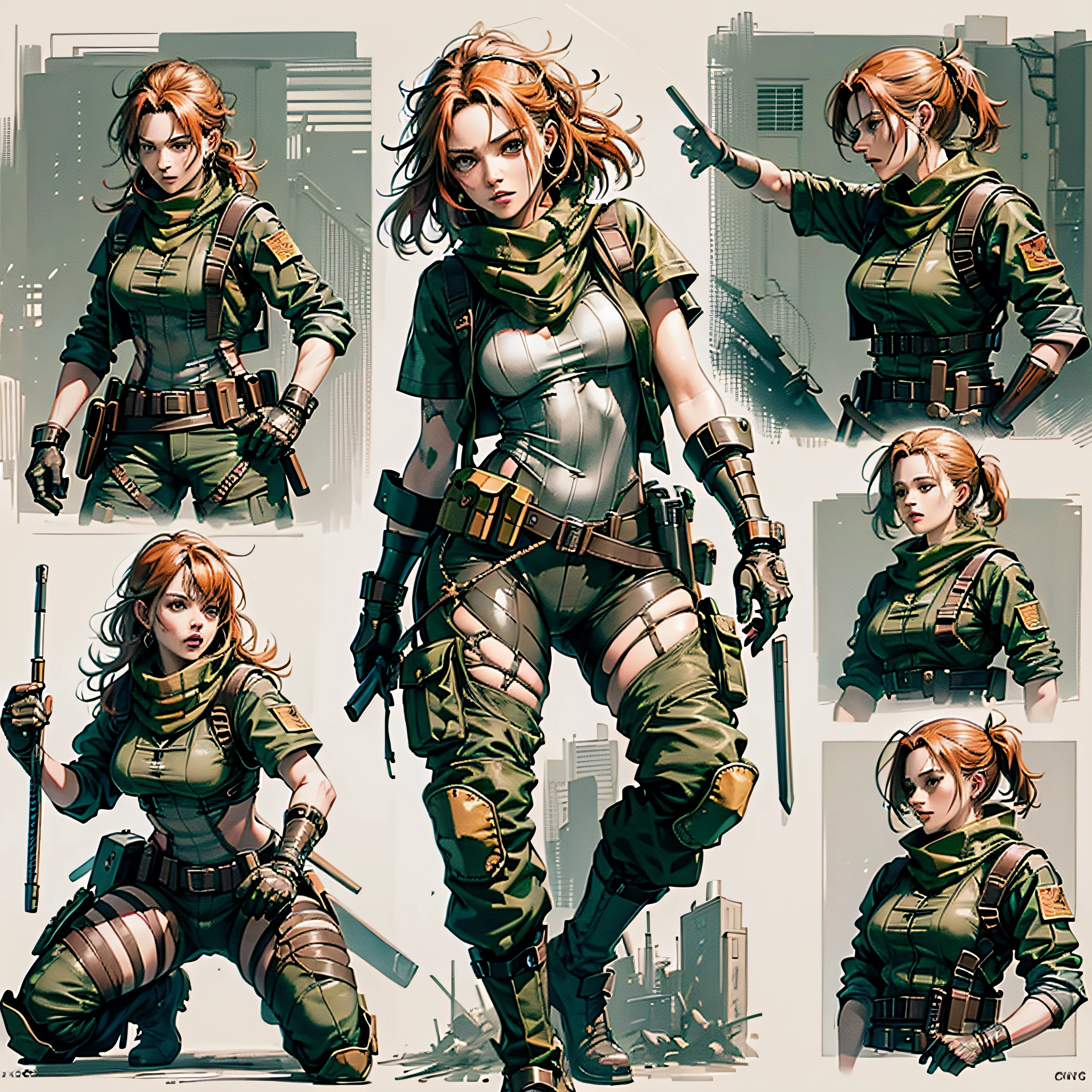 character ANIME WOMAN, FULL BODY, standing, ((design sketches)), (masterpiece), orange red hair, wearing a bandana, extremely detailed, (original design ), (fighting poses with stick), kung-fu stick (unique accessories, cargo pants, shirt with olive green elbow sleeves, leather gloves, brown leather shoe), professionally retouched, white background, (female: 1.1) , (dirty: 1.1),  (movement: 0.8), (young: 1.3), (sprint: 0.6) (the walking dead concept) (Metal gear solid concept) --auto --s2