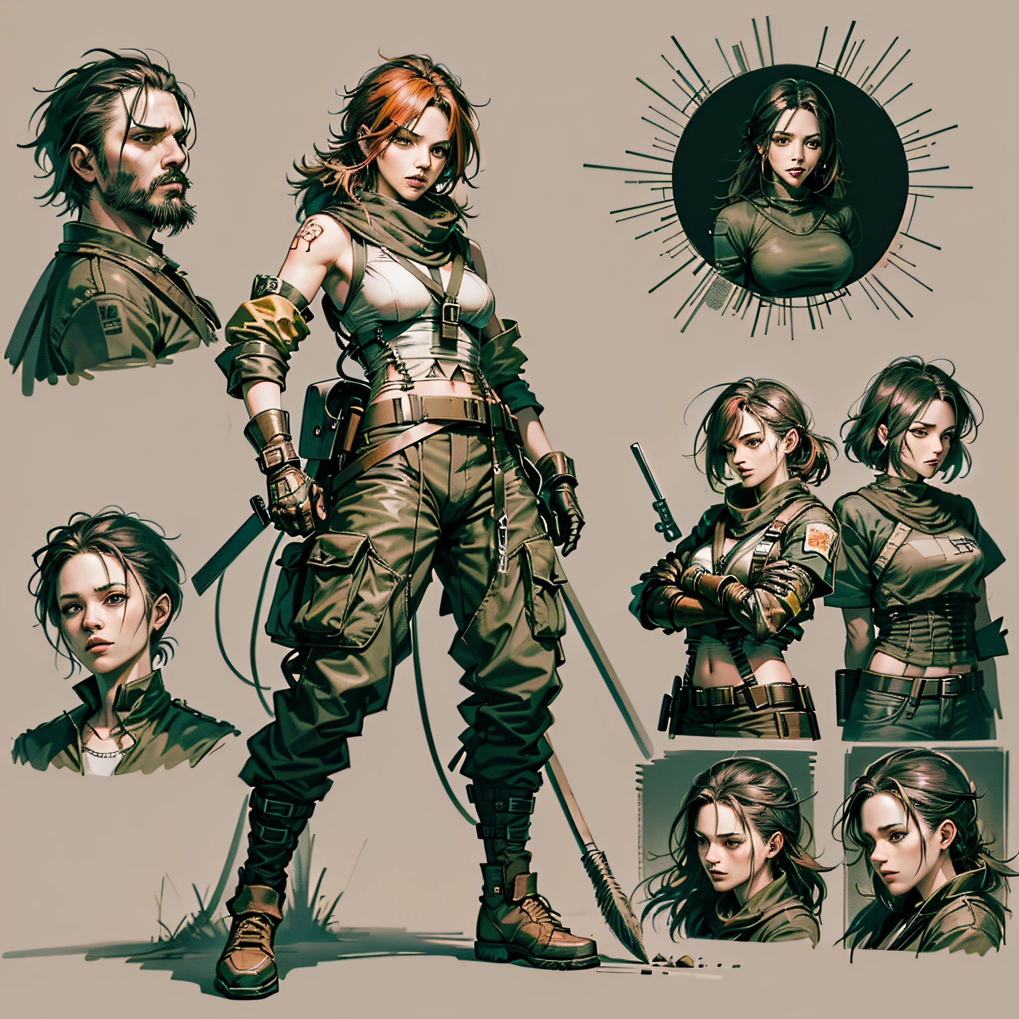 character ANIME WOMAN, FULL BODY, standing, ((design sketches)), (masterpiece), orange red hair, wearing a bandana, extremely detailed, (original design ), (fighting poses with stick), kung-fu stick (unique accessories, cargo pants, shirt with olive green elbow sleeves, leather gloves, brown leather shoe), professionally retouched, white background, (female: 1.1) , (dirty: 1.1), (movement: 0.8), (young: 1.3), (sprint: 0.6) (the walking dead concept) (Metal gear solid concept) --auto --s2