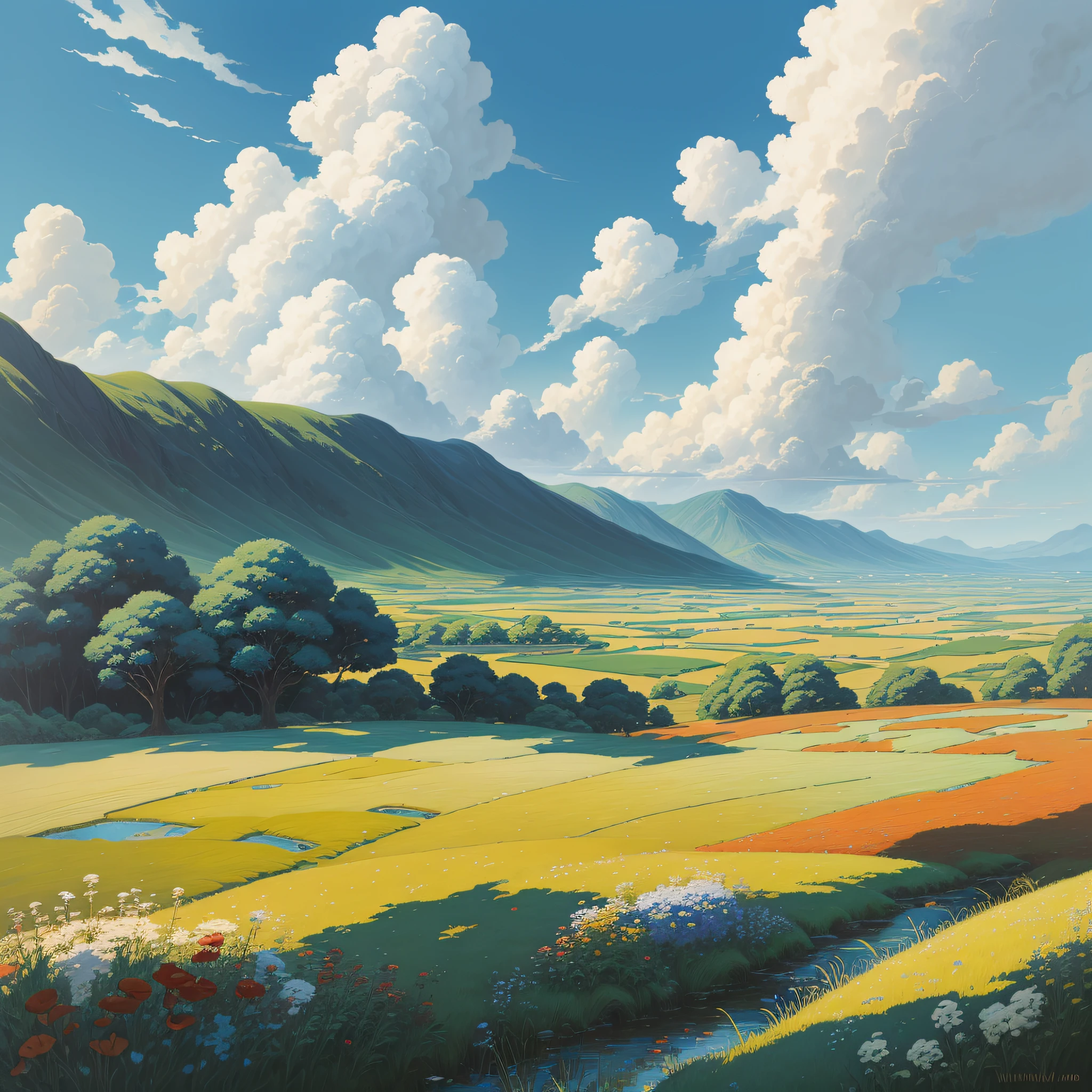 Realistic, authentic, beautiful and amazing landscape oil painting Studio Ghibli Hayao Miyazaki's petal grassland with blue sky and white clouds --v6