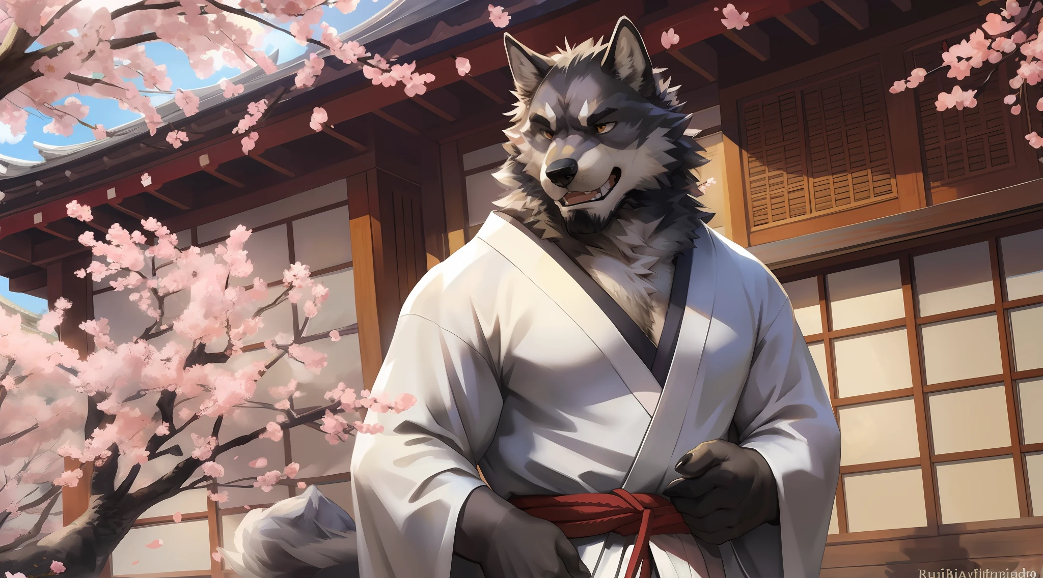 masterpiece,best quality, from high angle,kemono, anthro (wolf), male, (wolf), beard,middle-aged, gray body,white belly,muscular,japanese traditional clothes, white (fundoshi),((open) black formal kimono),,japanese building,look up to the sky,majestic,brutal,confident,strong,cherry blossoms, sakura blossoms leaves, outdoors, dynamic angle,depth of field,delicate canine tooth,correct anatomy, correct hand,,hd, dim ,dark,dark shadows, light against dark,cinematic, dramatic light,wide dynamic range, hdr, low light:1.2, by Pino Daeni, (by ruaidri), by virtyalfobo