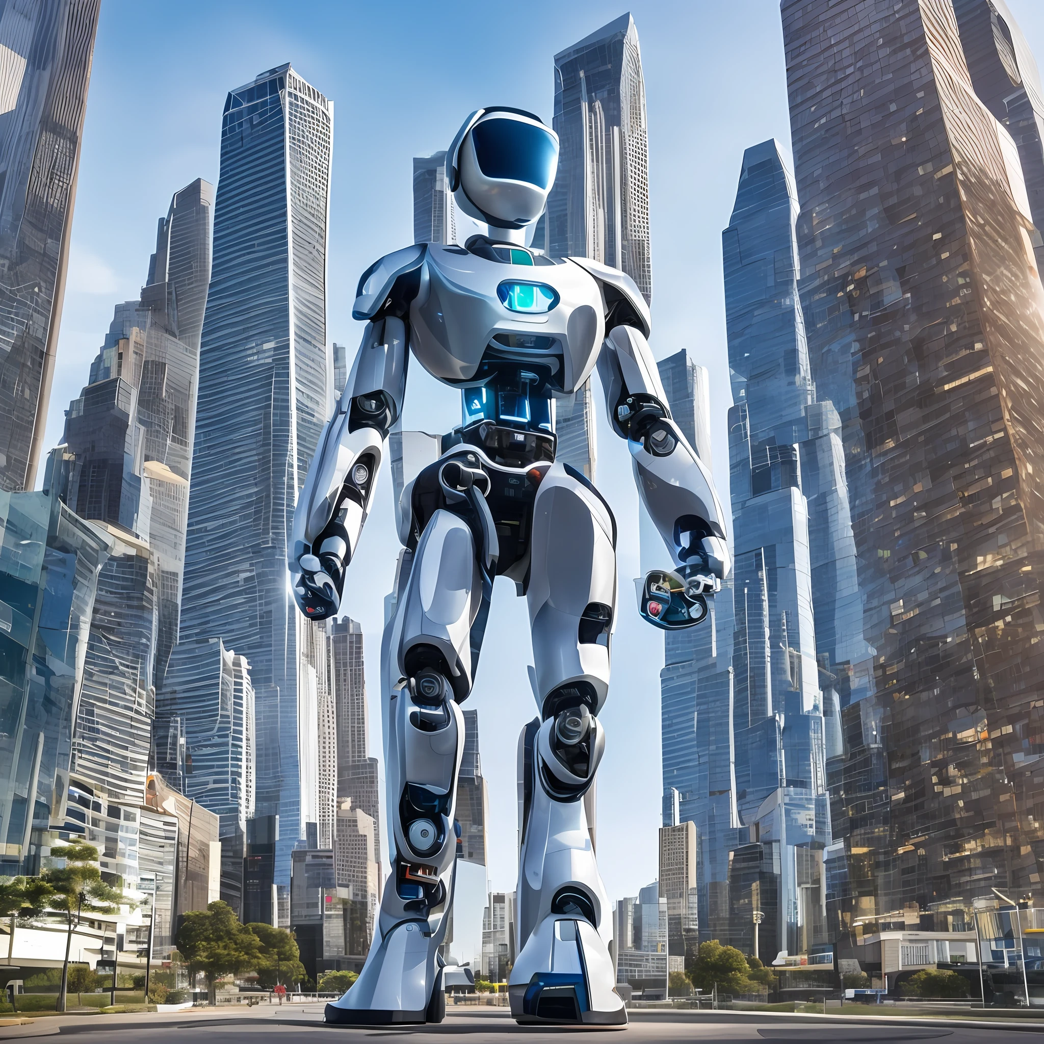 Create an image of AI that represents the future of technology.
Image description: The image depicts a futuristic scene where robots and humans coexist in harmony. In the center of the image stands a humanoid robot, with its metallic body gleaming in the sunlight. The robot's eyes are glowing with artificial intelligence, and its pose exudes confidence and power. In the background, we can see a city bustling with activity, where autonomous cars and drones are transporting people and goods across the urban landscape. The overall vibe is one of excitement and optimism for the possibilities of AI. --auto --s2