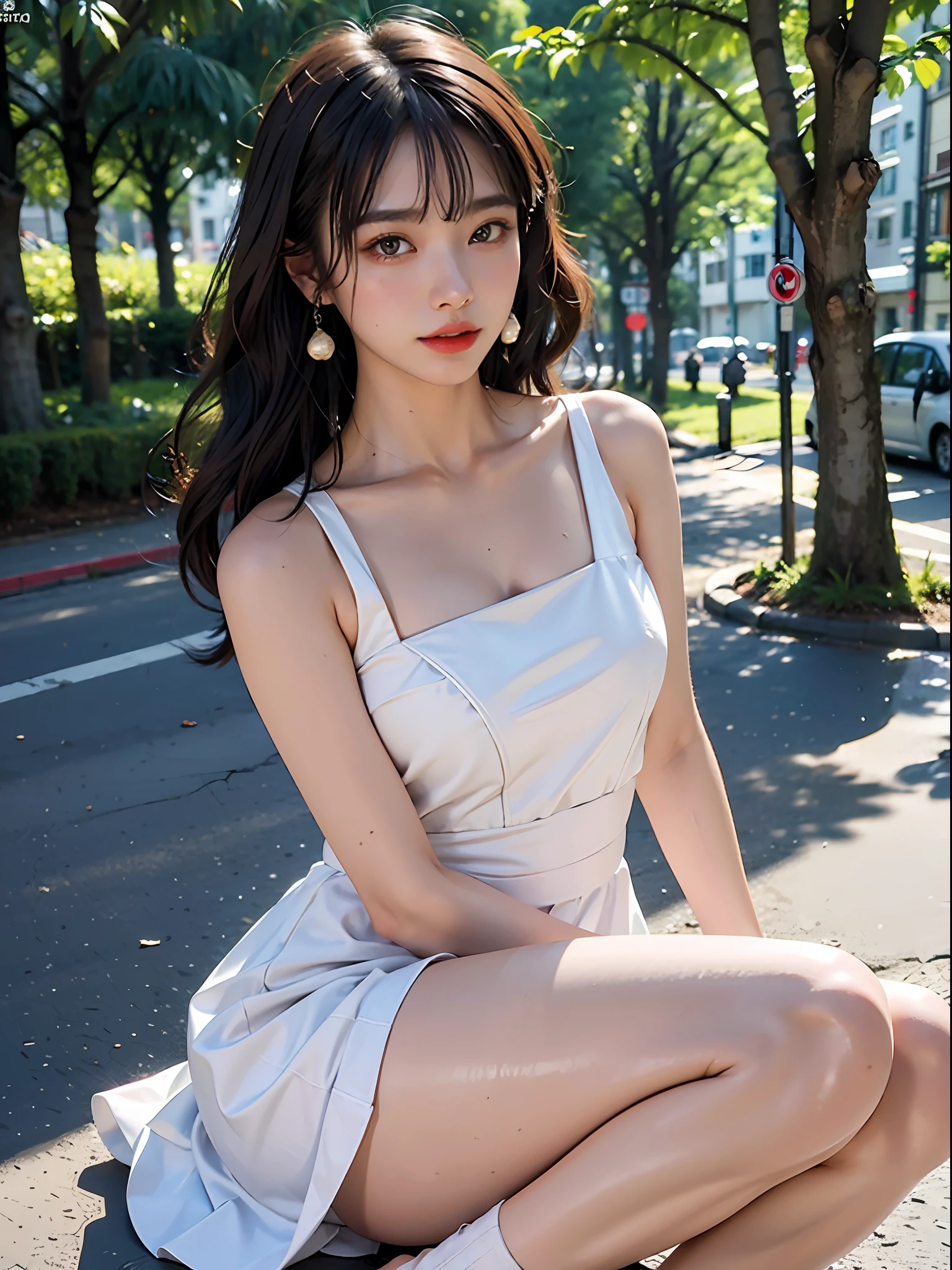 Masterpiece, 1 girl, waist up, faint smile, shiny skin, best quality, masterpiece, (realistic: 1.4), white dress, black stockings, background blur, focal length on person, (large aperture: 1.2), messy hair, earrings, japanese street, outdoors