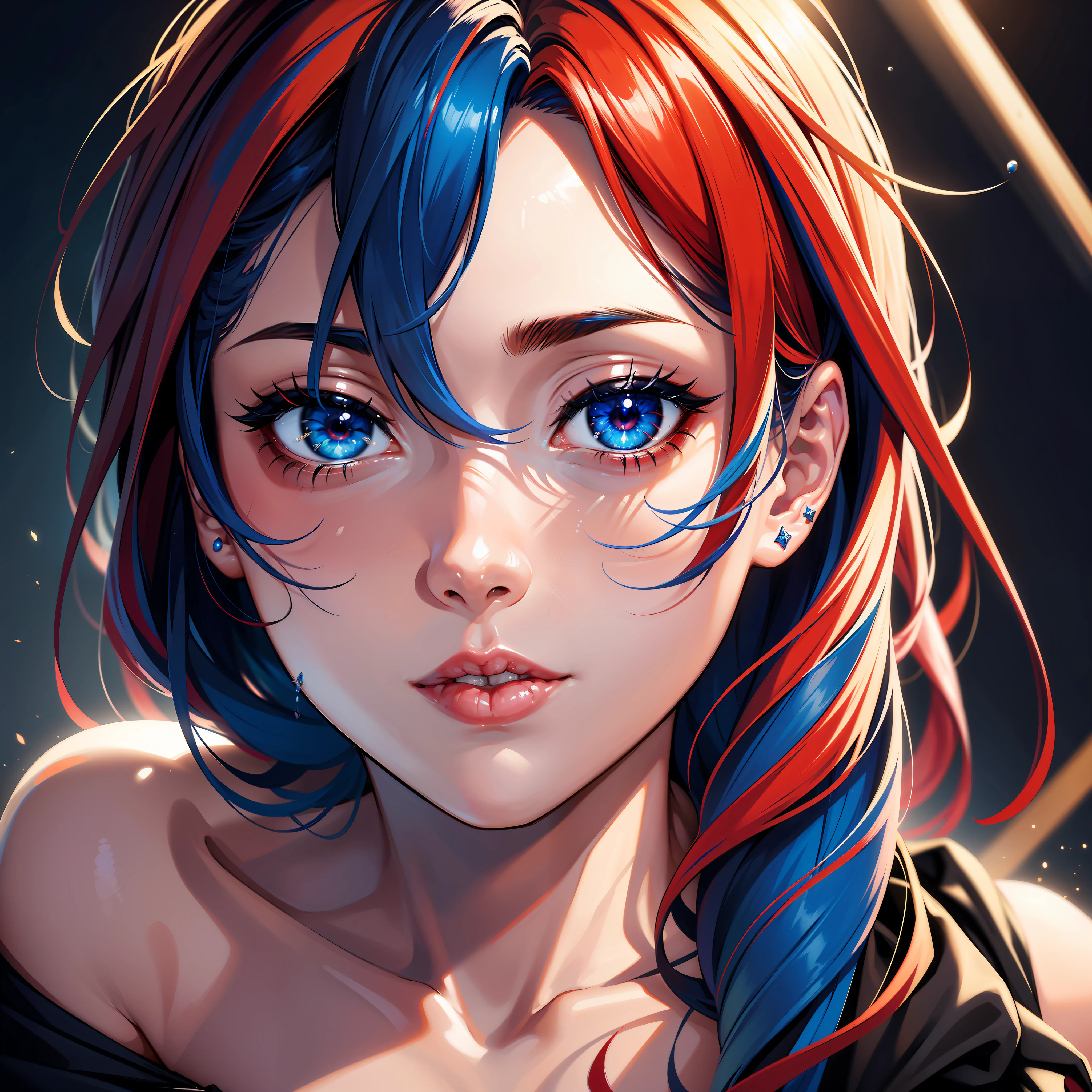 photorealistic, (hyperrealistic:1.2), beautiful, masterpiece, best quality, extremely detailed face, perfect lighting, 8k, blue and red mixed hair, wink, cute, hot