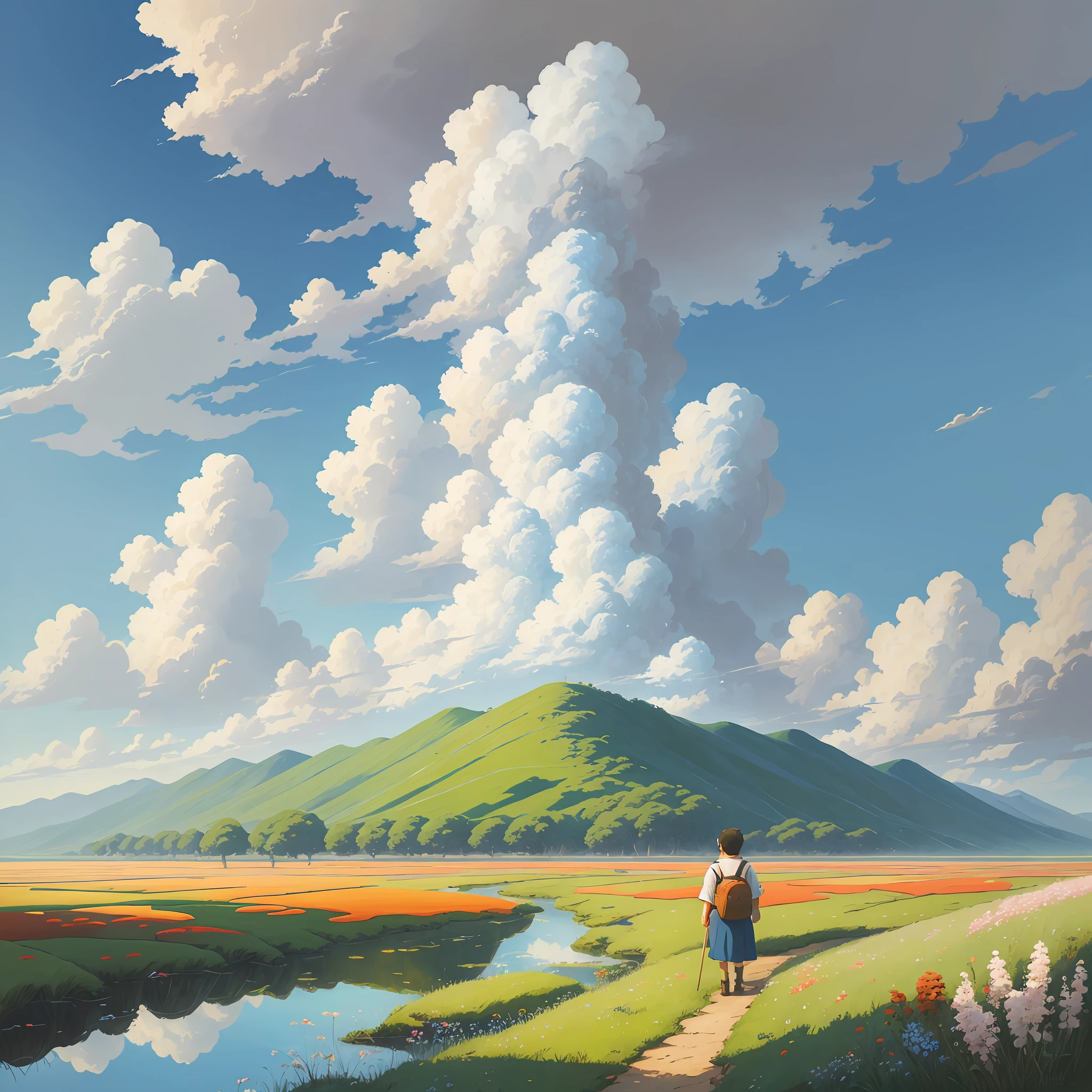 Realistic, authentic, beautiful and amazing landscape oil painting Studio Ghibli Hayao Miyazaki's petal grassland with blue sky and white clouds --v6
