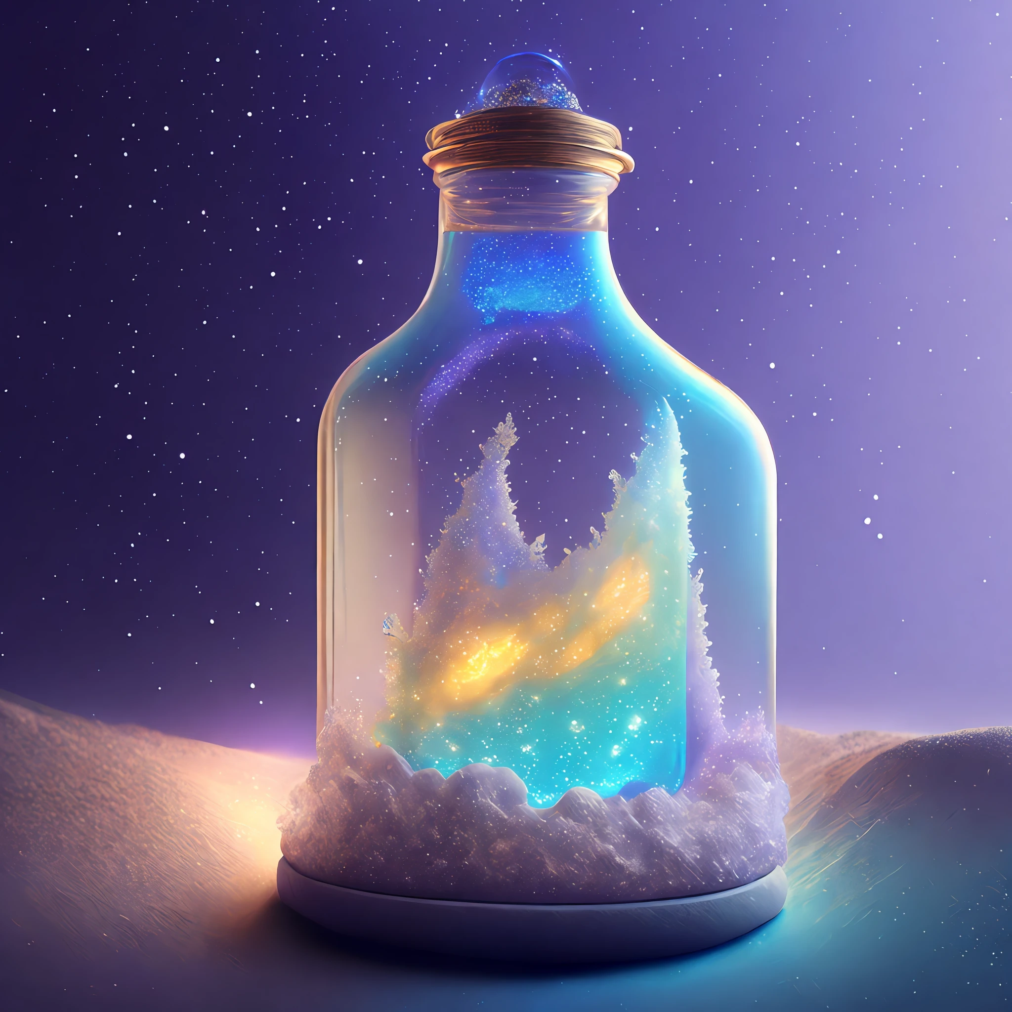 glass bottle sitting on top of a table| a photorealistic painting| pixels| pastels| conceptual art| earth,stars and galaxies| highly detailed perfect render| light effect| modern fantasy| glittering multiversal ornaments| universe in a grain of sand| photo manipulation| beautiful composition