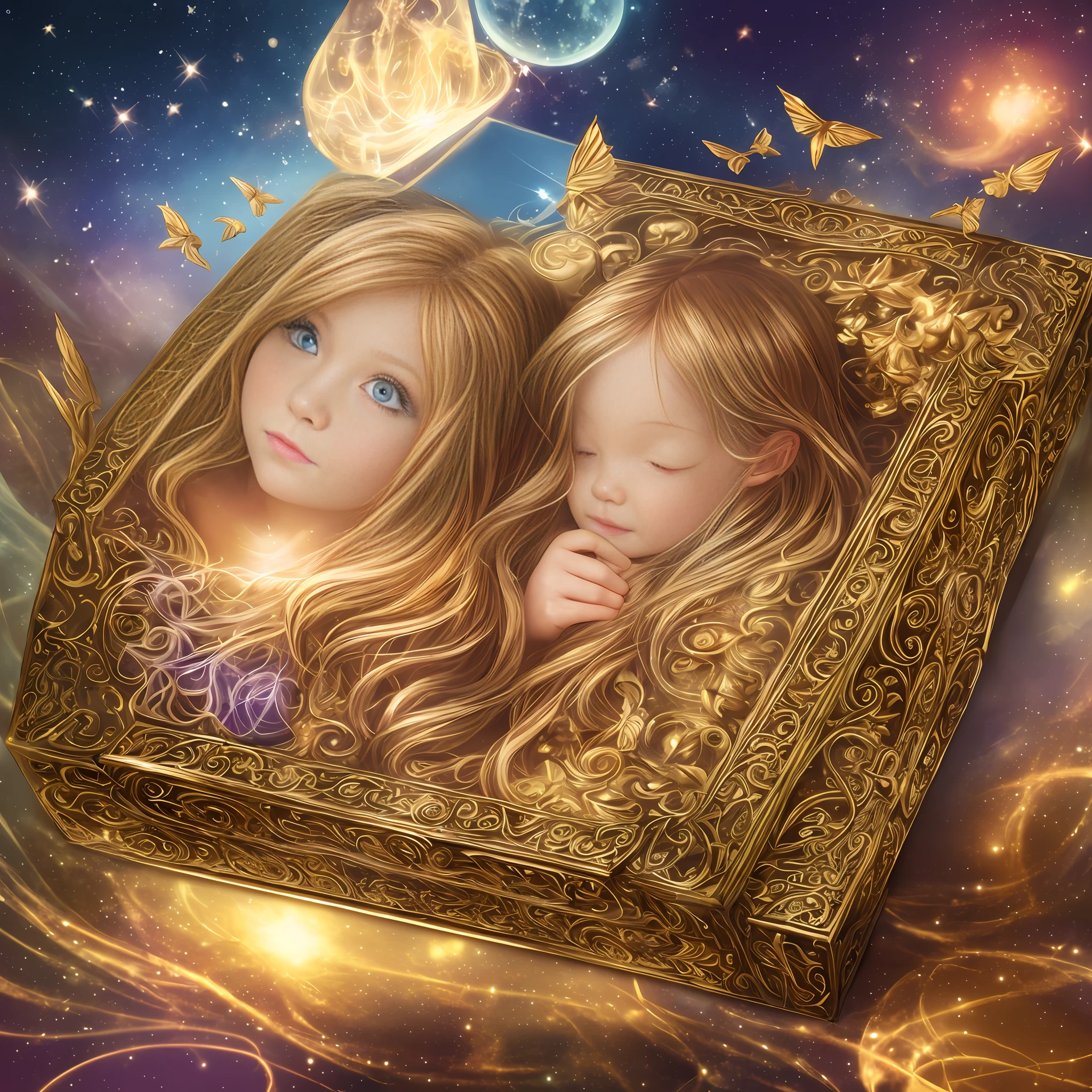 The Treasure of the Imagination
Upon opening the treasure, 3-year-old Laura, a blonde child, found something more valuable than gold coins or shiny jewelry. The treasure was a special box that contained the essence of the imagination. The Golden Fairy explained to Laura that imagination is the key to creating a world full of dreams and adventures. With the box of imagination, Laura was able to return home, but now she knew that she could always return to the Dream Realm whenever she wanted.