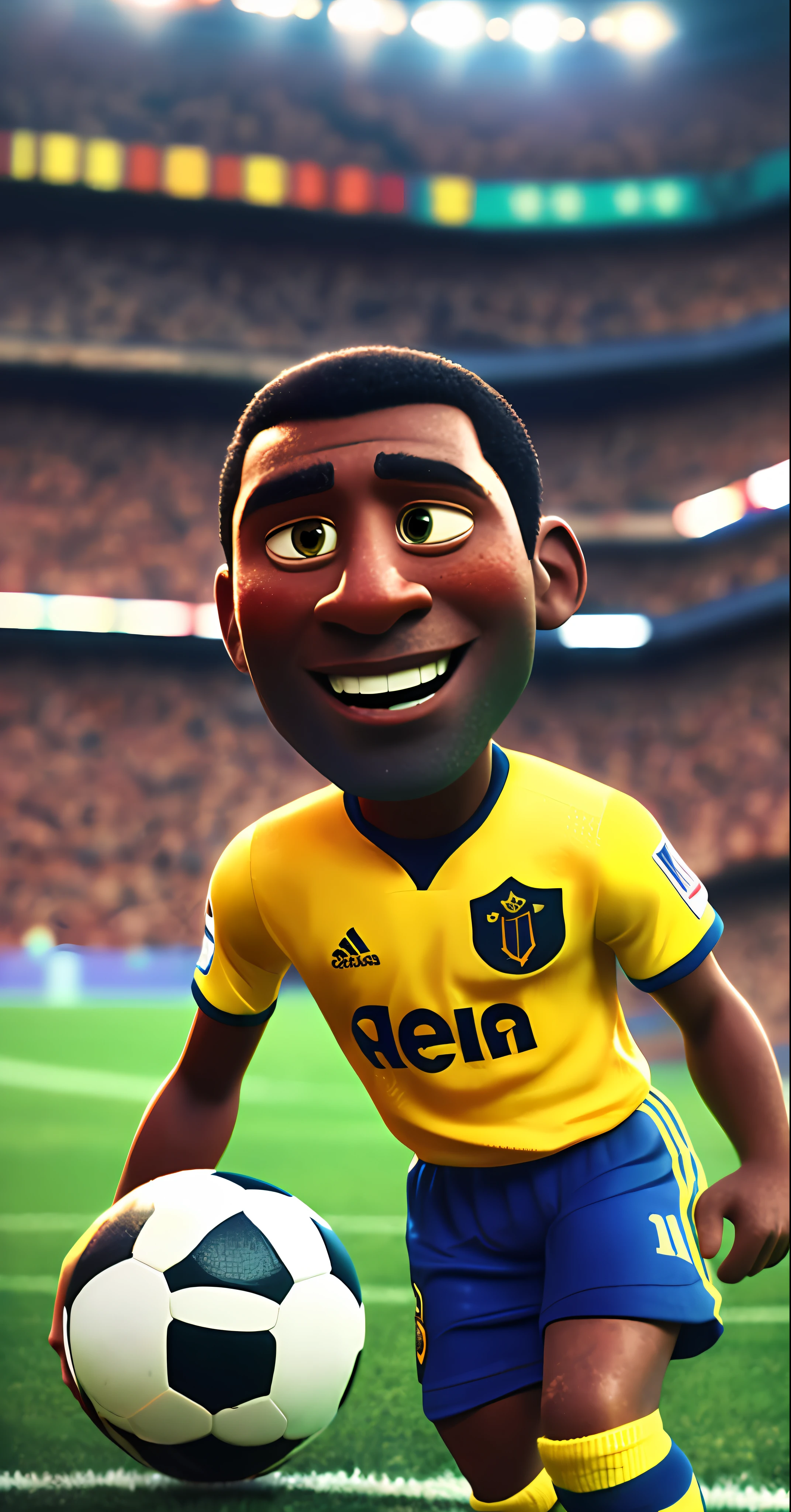 Pelé with a football, (pixar style) (masterpiece:1.2) (bokeh) (best quality) (detailed skin) (detailed texture) (8k) (claymation) (cinematic lighting) (sharp focus