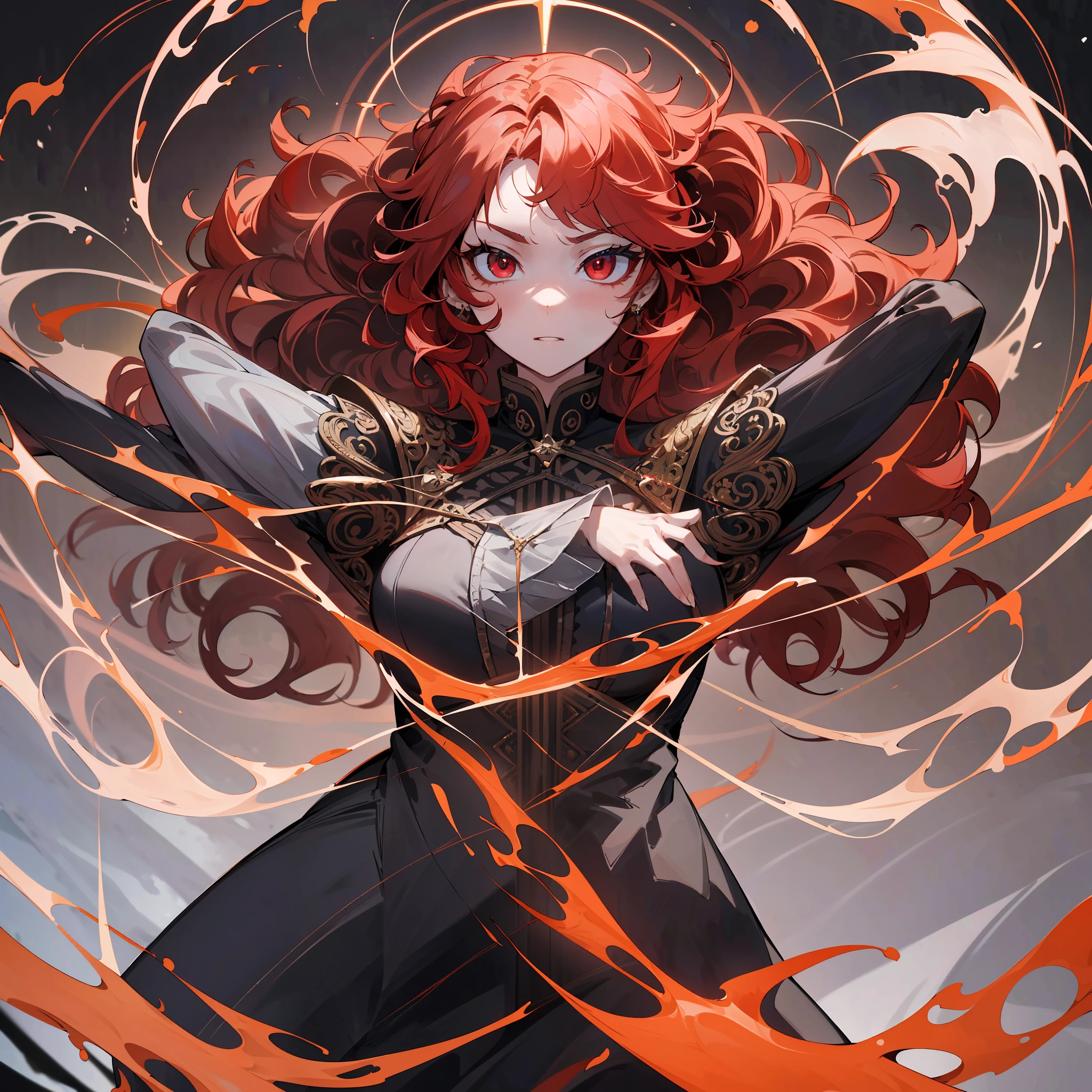 woman, solo, red hair, red eyes, (dynamic pose:1.5), (intricate details:1.2), 8k wallpaper, (highest image quality:1.5), (8k:1.4), (Masterpiece), (ultra-detailed), (Detailed eyes:1.4), (sharp details:1.3), large curly hair, dark and long clothes --auto --s2