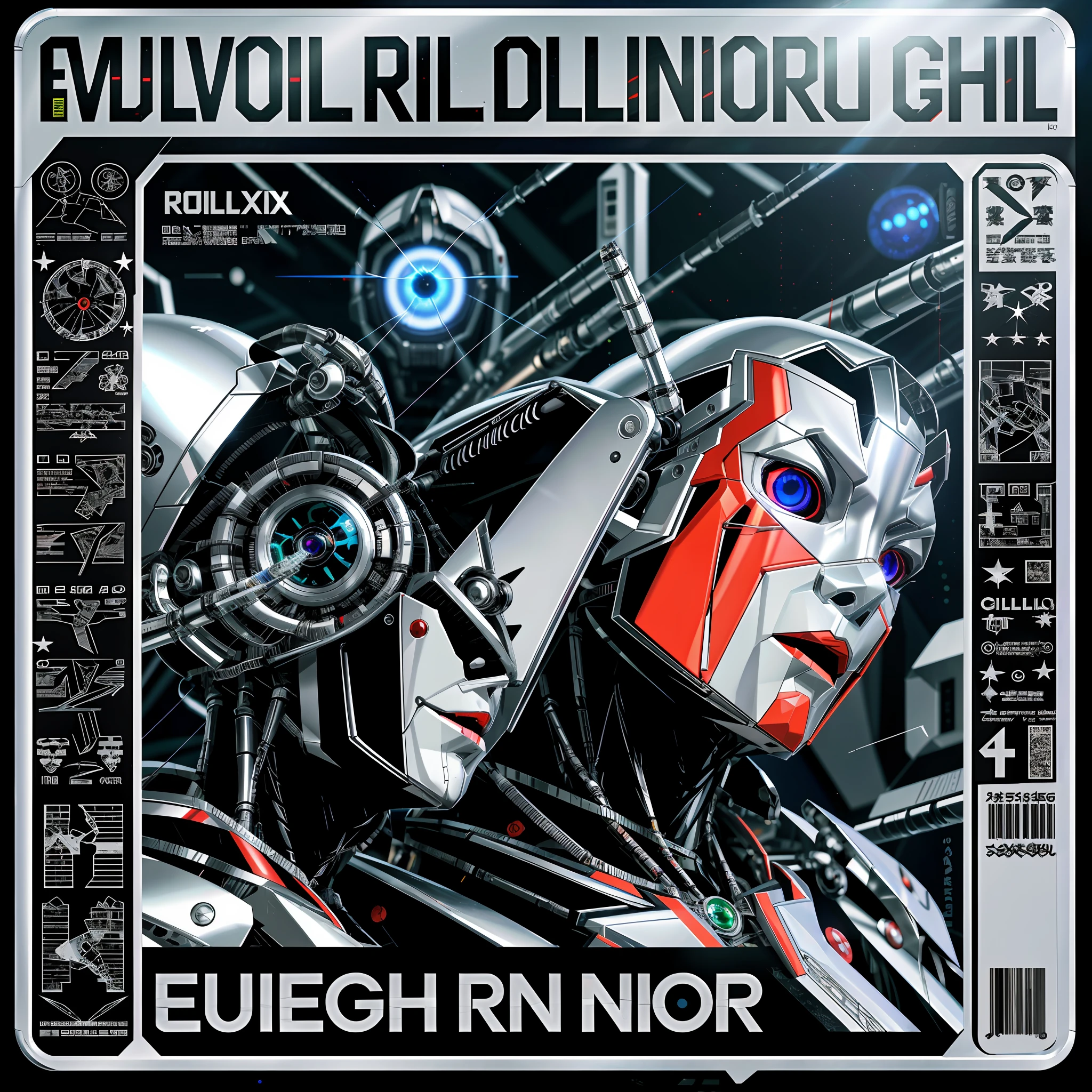 poster, ((evangelion, metallic text, chrome text, robot, text, logos, grid gun))