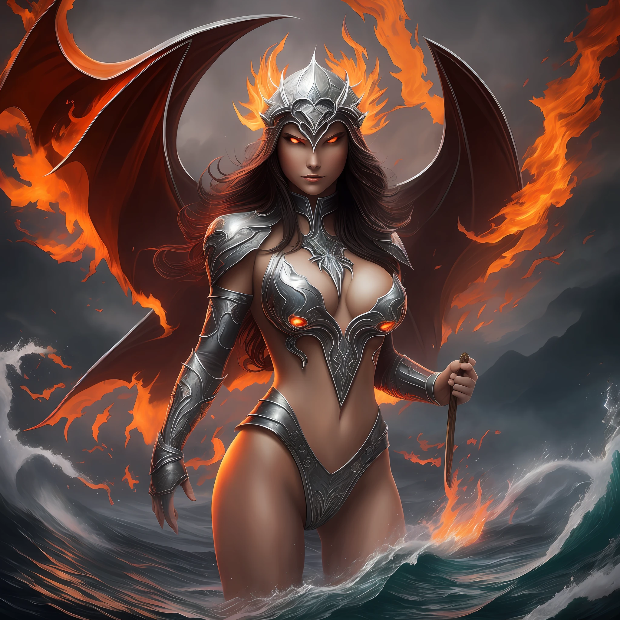 arafed woman in a silver and red costume standing in the ocean, epic fantasy digital art style, epic fantasy art style, epic fantasy art style hd, epic fantasy style art, epic fantasy digital art, epic fantasy character art, detailed fantasy digital art, fantasy epic digital art, beautiful elegant demon queen, detailed digital 2d fantasy art, epic fantasy art