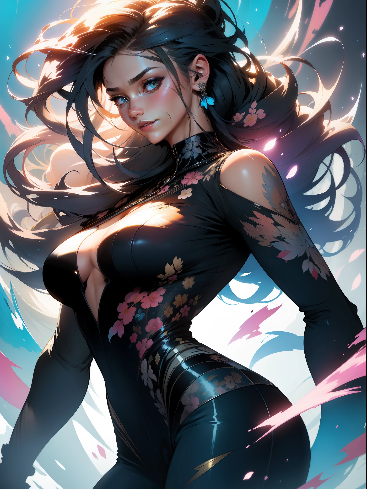 :: Comix Style by Joe Madureira :: Black woman, beautiful, perfect and detailed, ultra detailed shirt with black abstract design, with flower print on the sides of the dress, image of face smiling with air of confidence, with immersive effects, hover effect, background graffiti style with vibrant colors "HDR Ultra" detailed and with focus effect, (masterpiece: 1.2, best quality), (Beautiful eyes finely detailed: 1.2), ((Beautiful Woman )),long, straight and full hair with brown color,with a natural shine ((Solo)), (Blue eyes:1.4), (Finely detailed eyes and detailed face with long eyelashes:1.3),), (With ultra detailed jeans and a shirt with tatoom tribal print ultra detailed throughout:1.3), (Beautiful and clear background:1.2), (CG extremely detailed, Ultra-detailed, Best Shadow:1.1),("" character demonstrating his super power in the fist"")((Depth of field and blur)), ((Watercolor)), Large breasts, Bare shoulders, Flowers and petals, Beautiful conceptual illustration , (white background:0.5), (Illustration :1.1), (extremely thin and beautiful: 1.1), (perfect details: 1.1) graffiti style background, freedom, soul, digital illustration, perfect anatomy, centered, approaching perfection, dynamic, highly detailed, watercolor painting, artstation, concept art, smooth, sharp focus, illustration, art by flesh Griffiths and Wadim Kashin, heterochromia, perfect anatomy, centered, approaching perfection, dynamic, highly detailed, character sheet, artstation, concept art, smooth, sharp focus, illustration, art by Kim Jung Gi,, Artgerm, Carne Griffiths and Wadim Kashin, Sasha Yakovleva, Loish, Jeremy Mann, Full Body Shot, character sheet, lightning wave, beautiful anime watercolor painting, dripping paint by Tim Okamura, Victor Nizovtsev, Greg Rutkowski, Noah Bradley. Trend in Artstation, 8K, masterpiece, graffiti paint, fine detail, full of color, intricate detail, golden proportion illustration, (Background with dragon mecha extremely