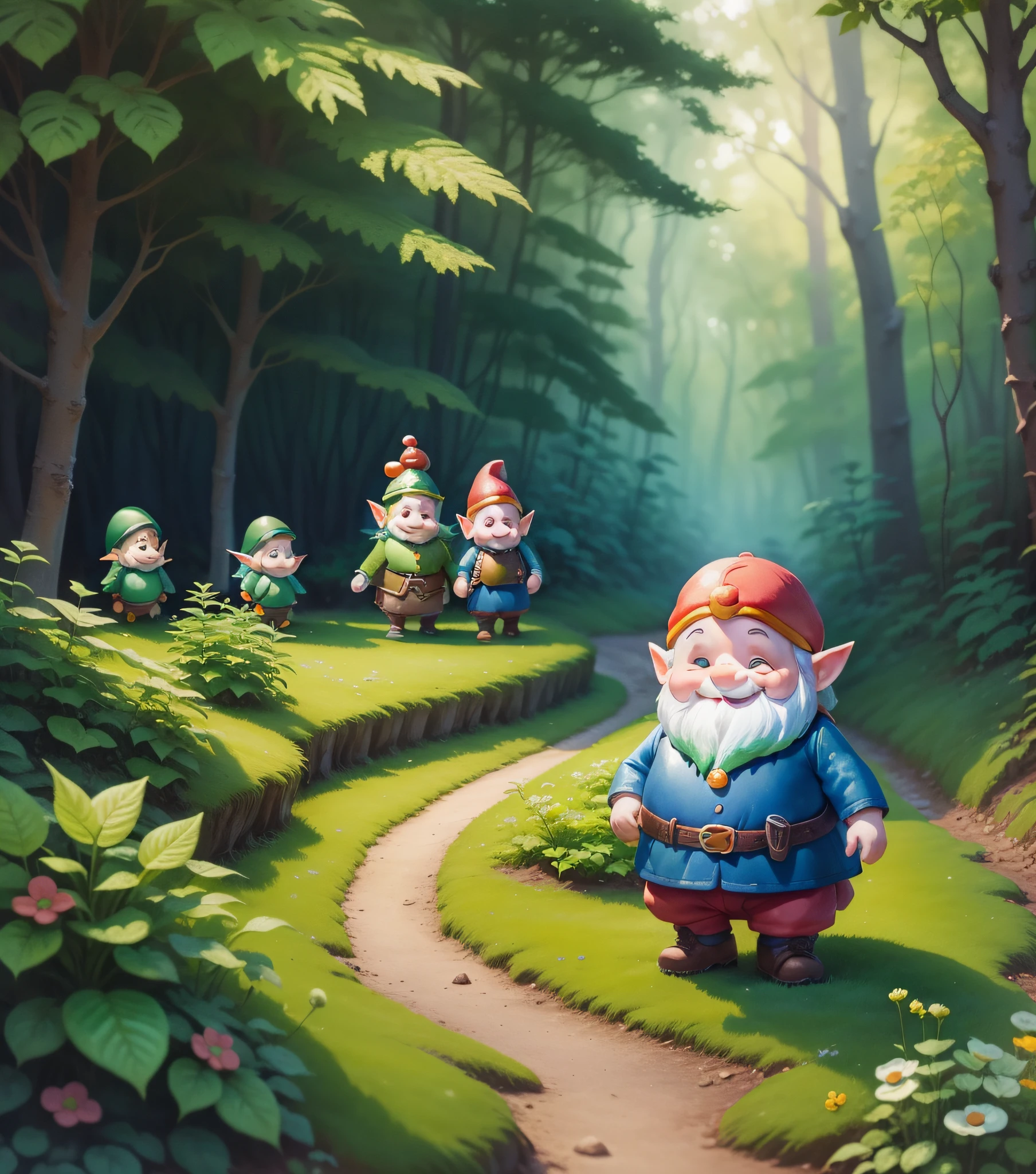 "An illustration of several tiny gnomes in a beautiful forest. High resolution, watercolor style, colorful aspect, cheerful and friendly, ideal for use as a story of a children's book. Prompt in Stable Diffusion format, perfect image quality, disney style. (gnome:1.3), (forest:1.2), (watercolor), (happy:1.2), (child book:1.2), 8k."