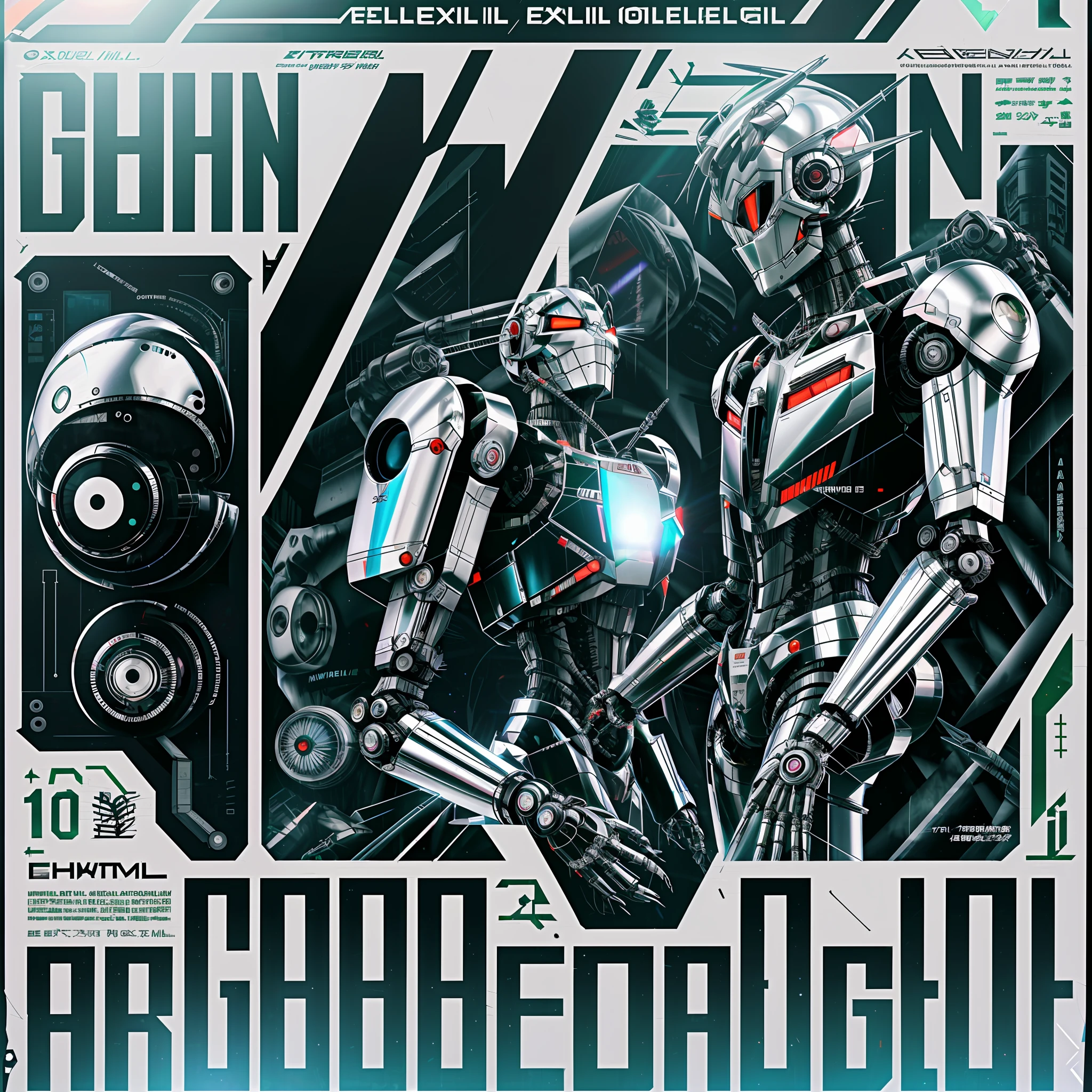 poster, ((evangelion, metallic text, chrome text, robot, text, logos, grid gun))