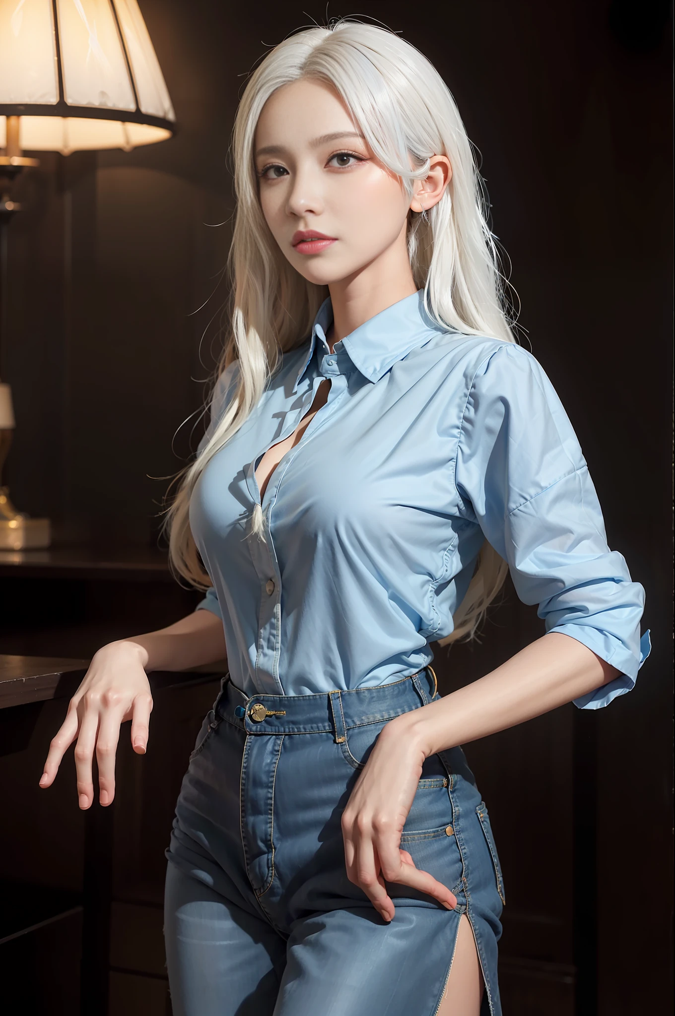 (In the Dark: 1.6), surreal female portrait by David Hockney and Alphonse Mucha, fantasy art, photorealism, dynamic lighting, artstation, poster, volumetric lighting, very detailed faces, 4k, Award Winning, 1girl, In Dark, Deep Shadow, Low Key, Denim Shot, (Stewardess Uniform: 1.4), Long Hair, White Hair, Half Body, Terminal, Medium Breasts, Hip Skirt