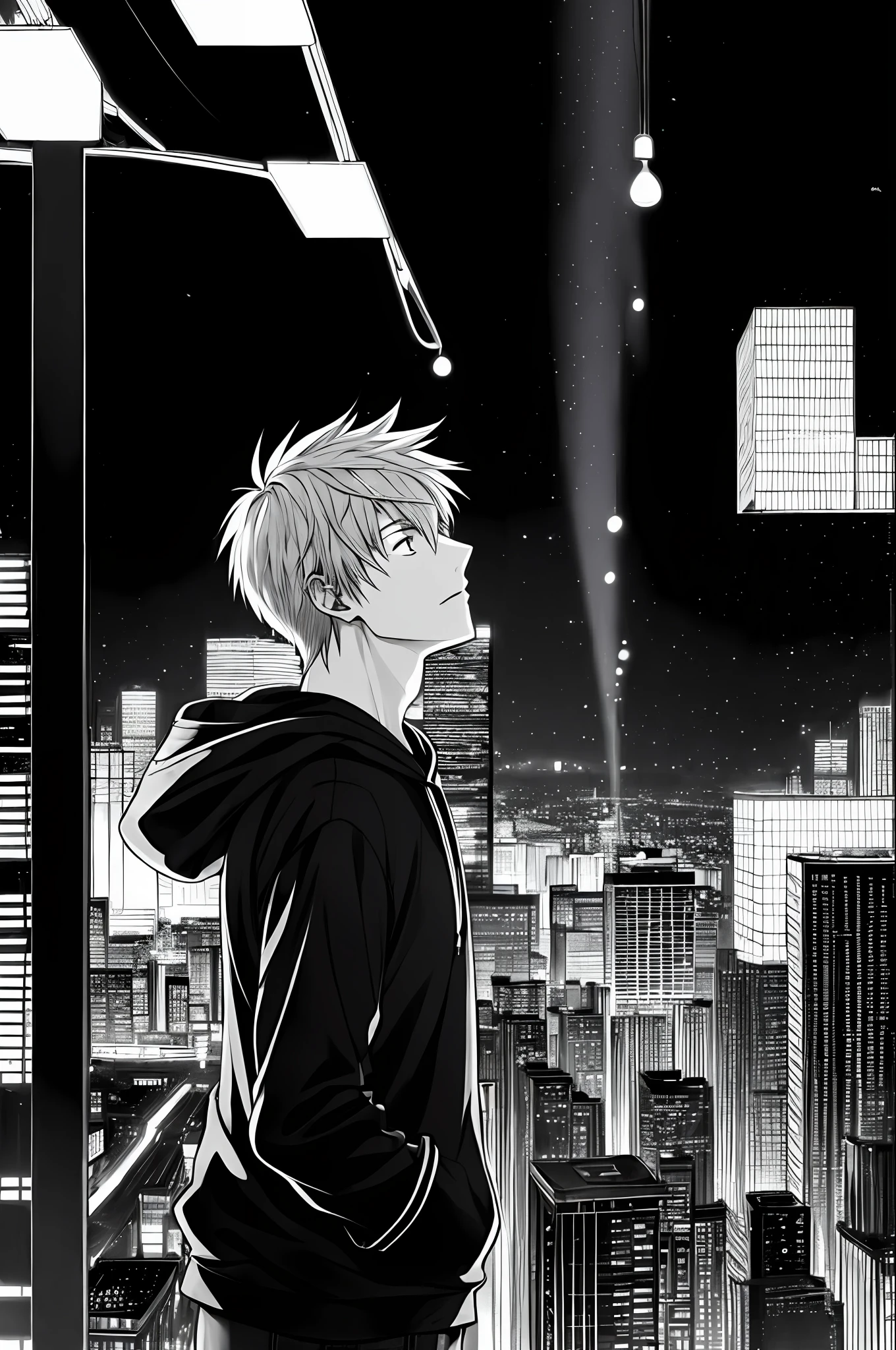 (male:1.5), in the style of  manga, medium shot, looking up, sideways view, hoodie, short hair, solo, (city background, lights:1.2)