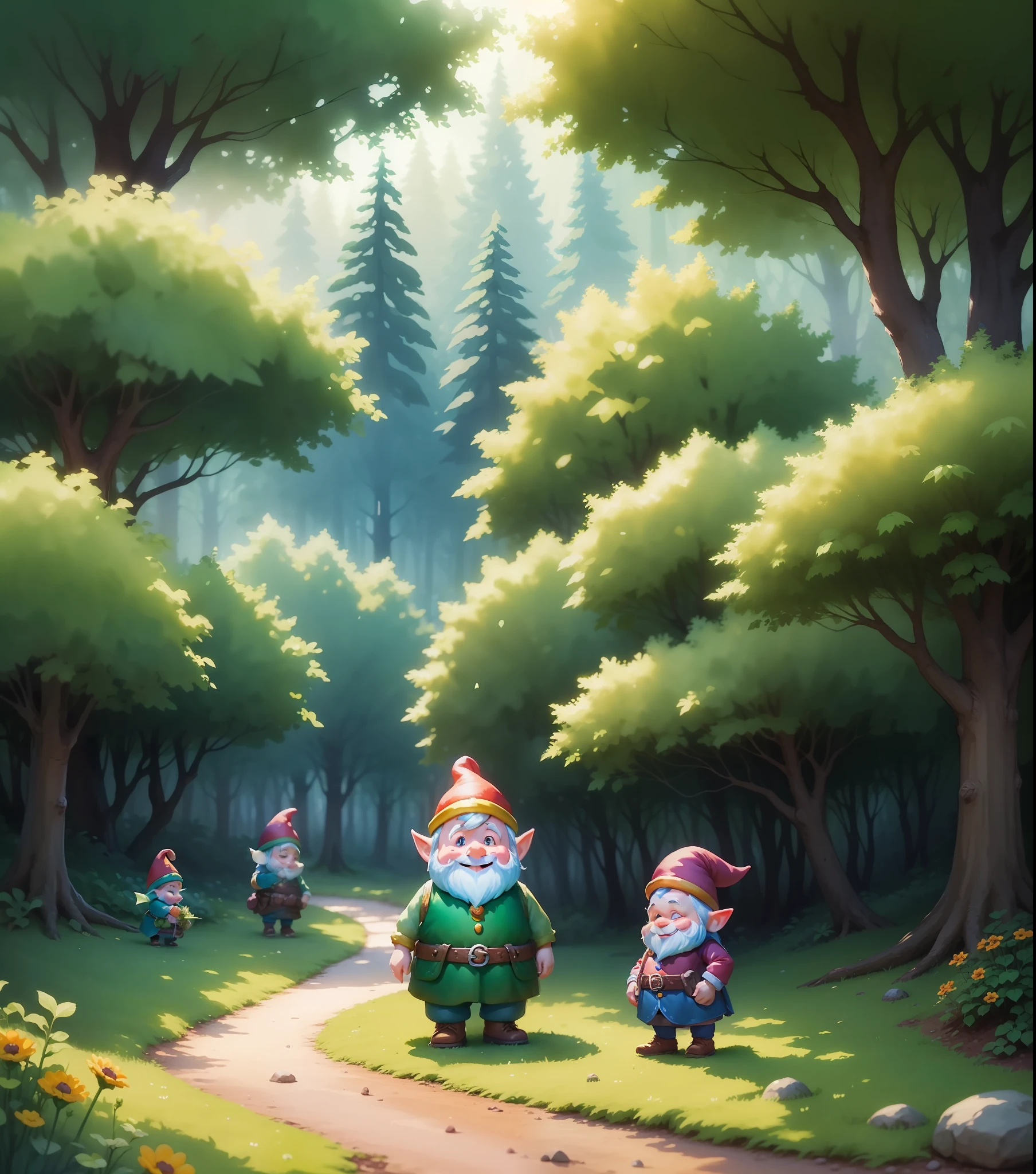 "An illustration of several tiny gnomes in a beautiful forest. High resolution, watercolor style, colorful aspect, cheerful and friendly, ideal for use as a story of a children's book. Prompt in Stable Diffusion format, perfect image quality, disney style. (gnome:1.3), (forest:1.2), (watercolor), (happy:1.2), (child book:1.2), 8k."