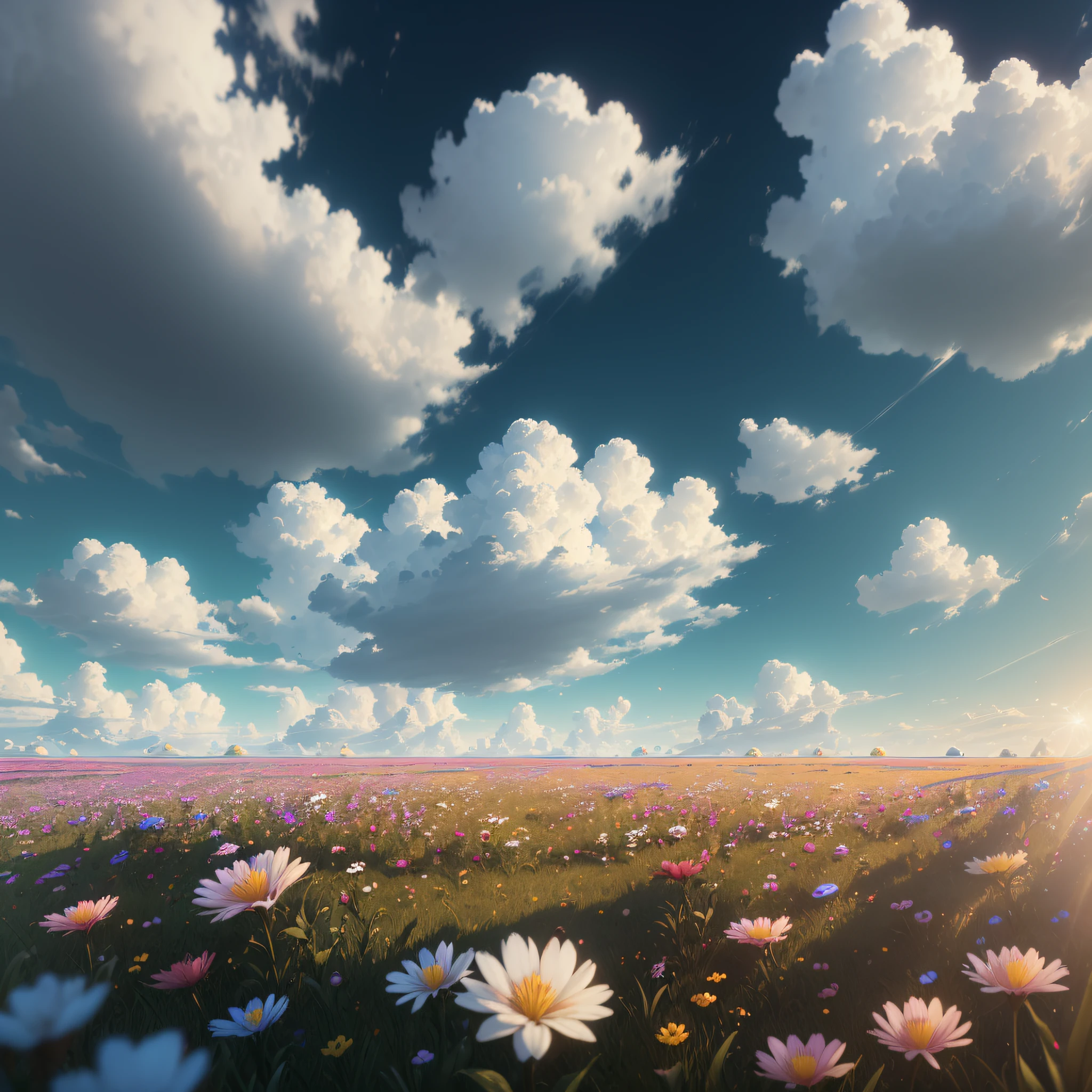(extremely detailed CG unity 8k wallpaper, masterpiece, best quality, ultra-detailed), luminosity +1.5, floating, high saturation, a serene, idyllic grassland, featuring multicolored petals and foliage, a clear, blue sky, and white, fluffy clouds.