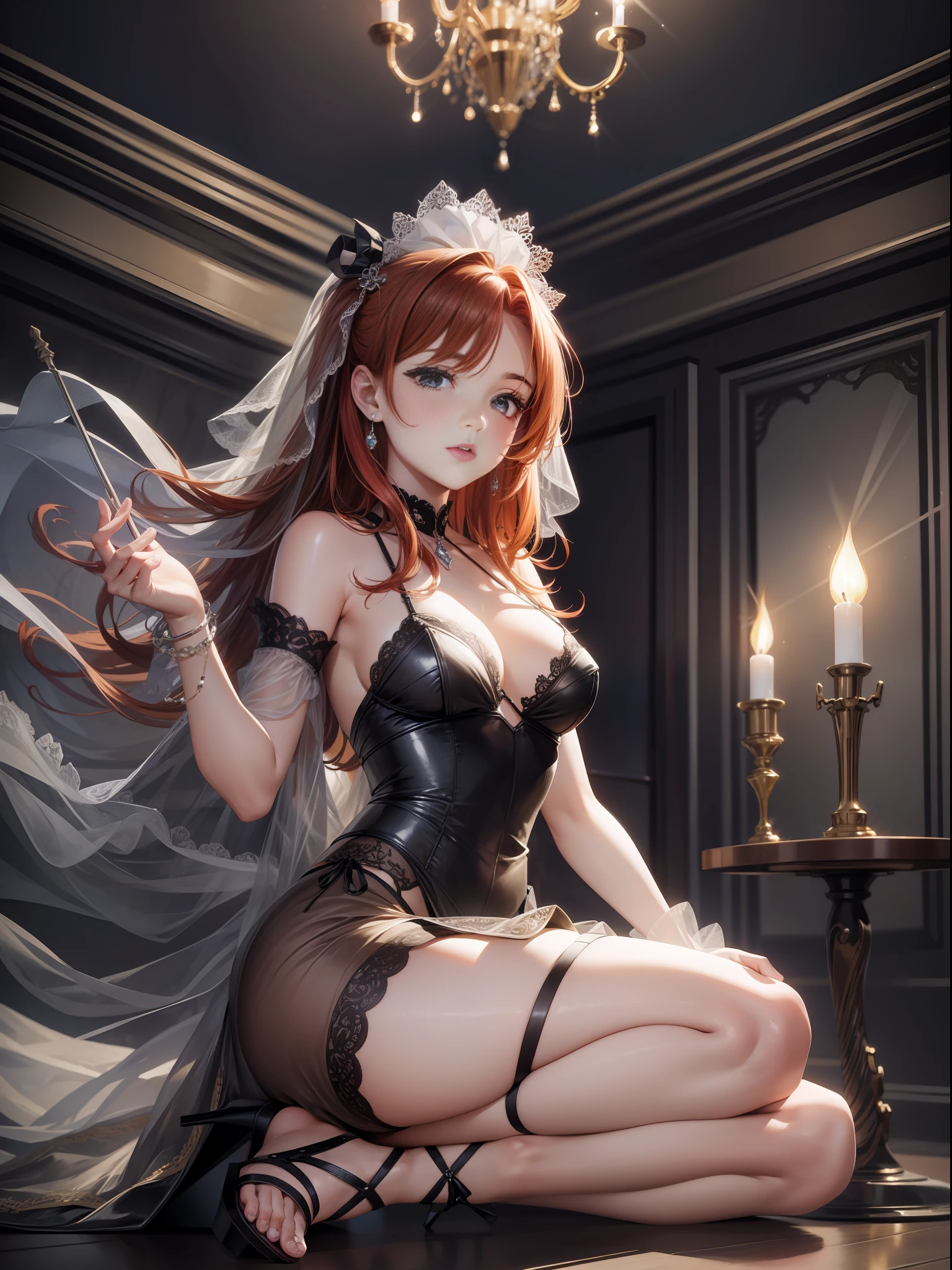 masterpiece, best quality, highres, detailed face, 1 beautiful woman, redhead, small breasts, (sliding satin dress, thighs, garter belts: 1.1), (wind lift: 1.2), high heels, suction, , spread legs, (t-back: 1.2.2), (elegant: 1.2), chandeliers, couples dancing, sweeping dresses, candlelight, cowboy shot, aux fur stole, strap sandals