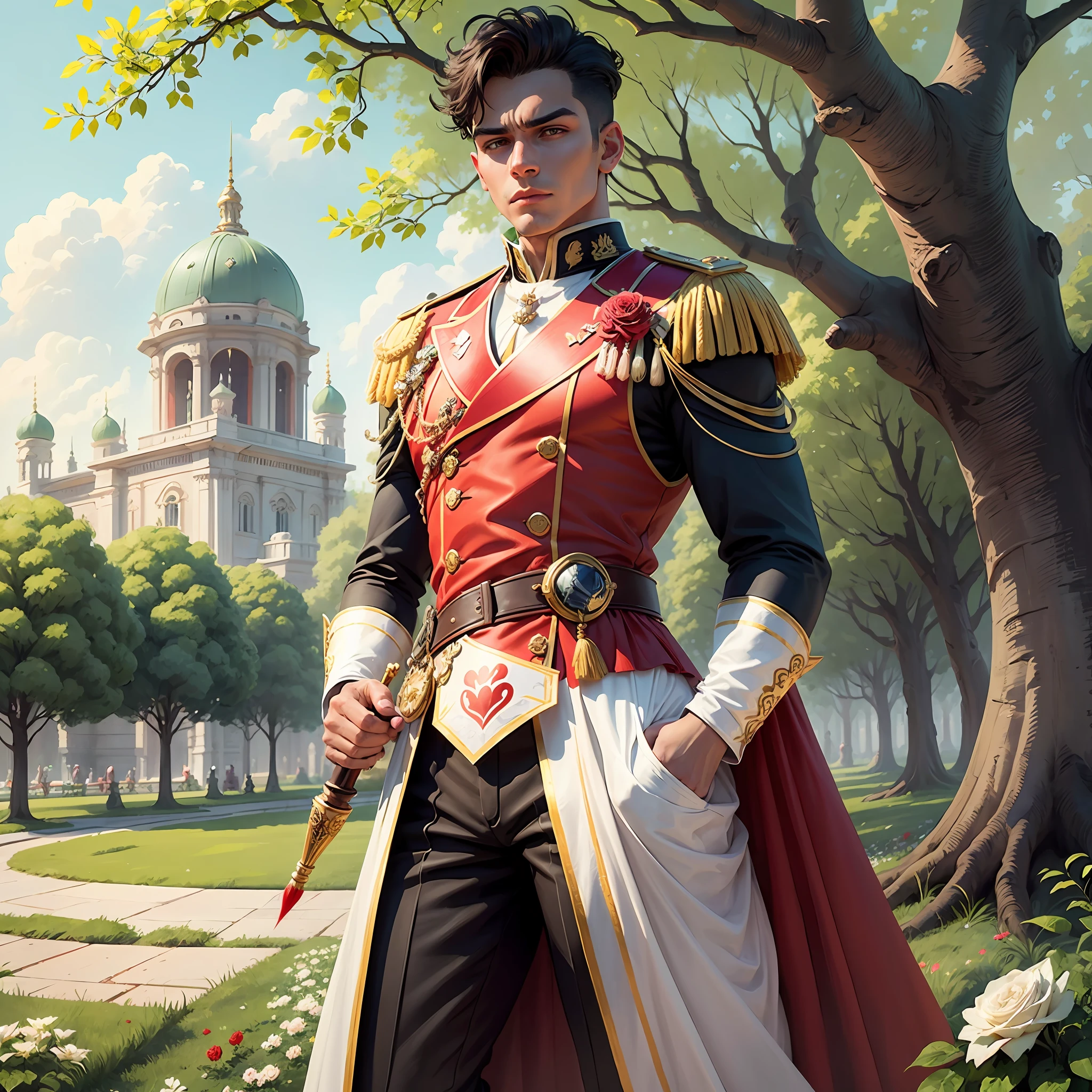 The image shows a male guard of the queen of hearts standing in the center of a lush green park that surrounds her palace. He is wearing a vibrant red and white costume that resembles a deck card. In his hand, he holds a paintbrush dipped in red paint. The guard's expression is concerned as he carefully paints the white roses that line the path. The red paint stands out against the white roses, creating a striking contrast. The green of the park adds a natural element to the image, giving it a sense of peace and tranquility. The overall image is a striking representation of the male guard in the queen's palace park, capturing the essence of his role and evoking the emotion of concern. --auto --s2