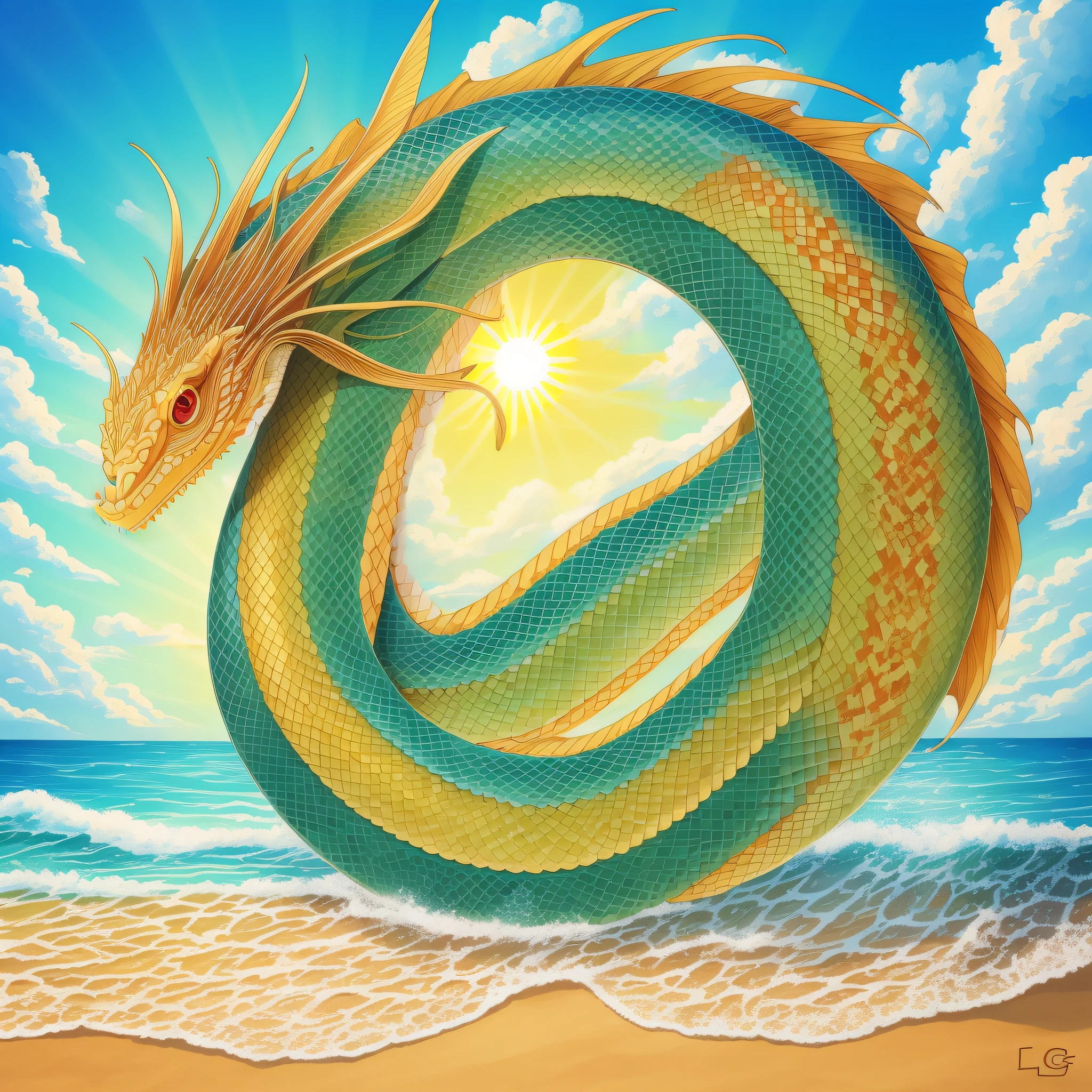 positive art, traditional art, sun, beach, bright sky, beautiful ocean, detail on sand, glistening water, sun flare, green snake-like dragon (lindworm), winged, flying in the background, grainy art