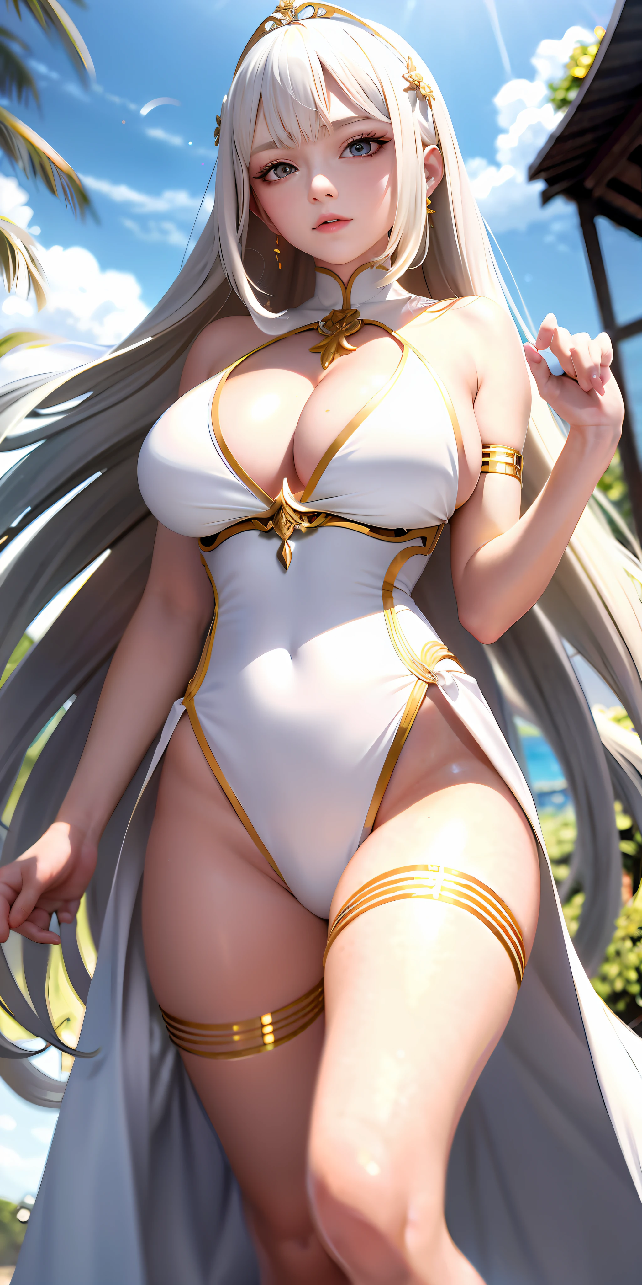 Top quality, masterpiece, gold-eyed, white clothes, looking up, fair skin, side blades, huge breasts, stunning lower body, wavy white long hair, raised micro bikini, metal accessories