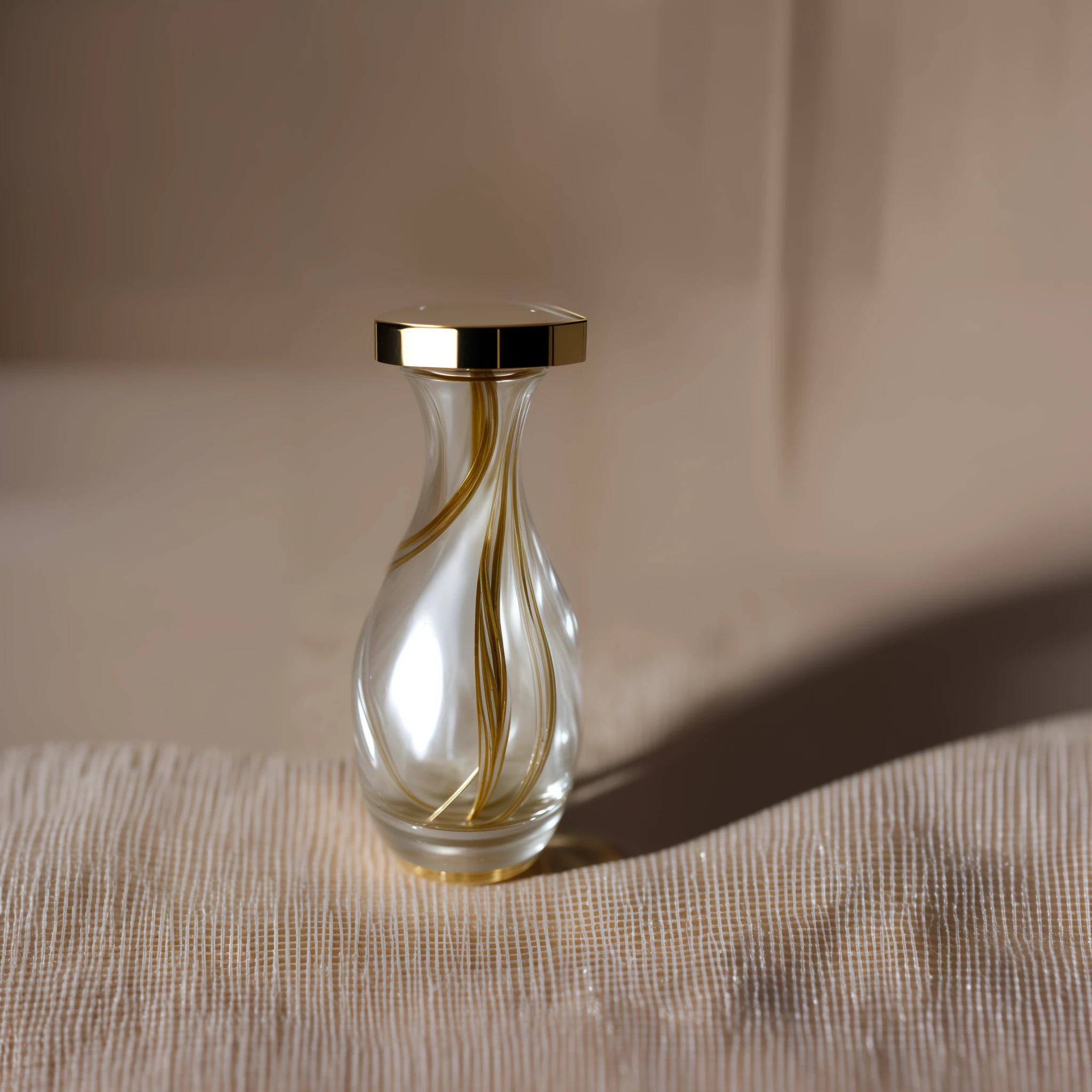 there is a small glass vase with a gold top on a table, perfume bottle, dslr photo of a vase on a table, in a short round glass vase, perfume, high quality product photography, miniature product photo, product photography, carrying a bottle of perfume, gold plated, product photography 4 k, lit from the side, highly detailed product photo, elegant and graceful --auto --s2