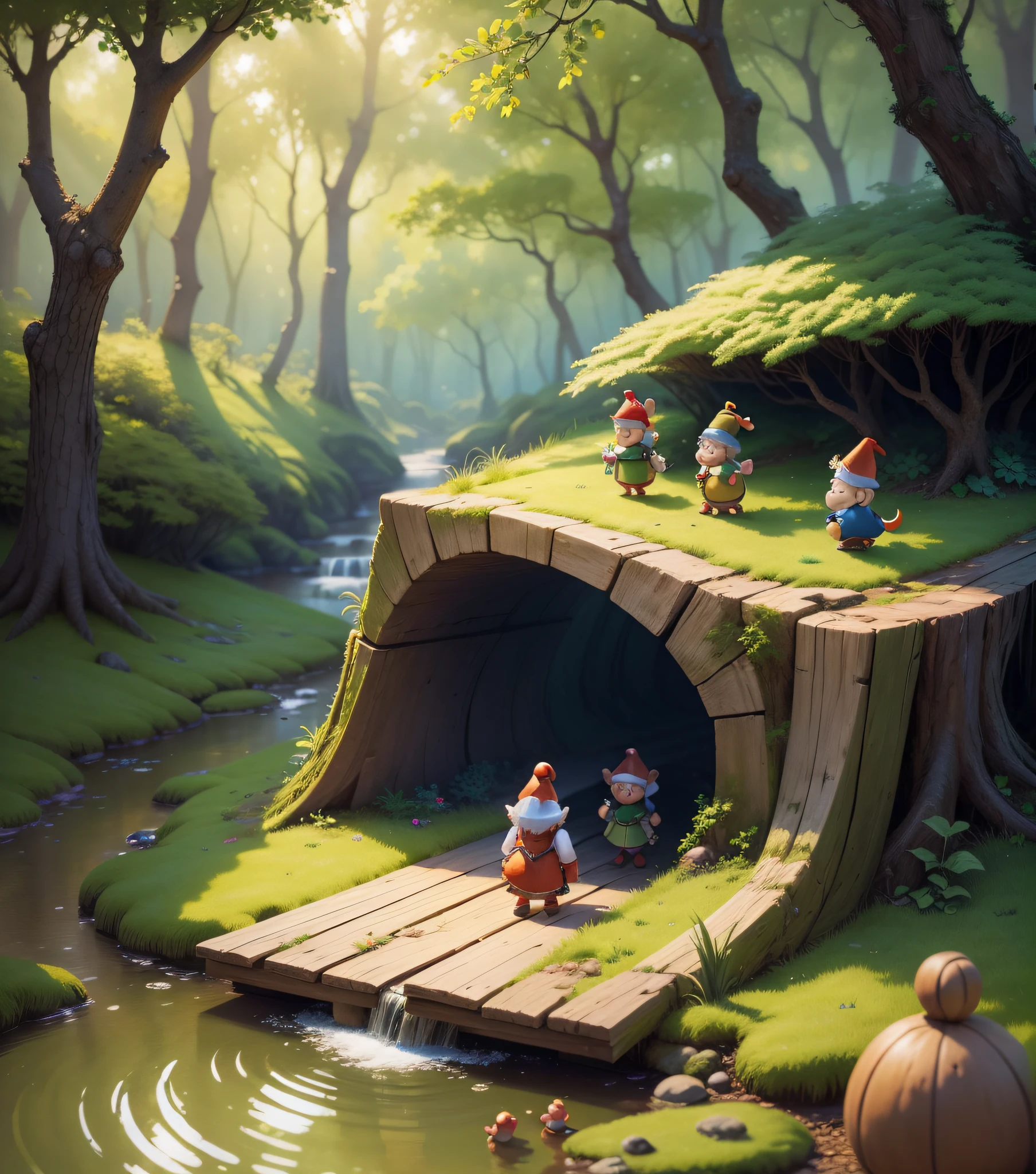 "((high resolution)), ultra-detailed CG illustration of several little gnomes in a beautifully colorful forest, rendered in a watercolor style and at a resolution of 8k, perfect for a children's book story with a Disney-esque vibe." )