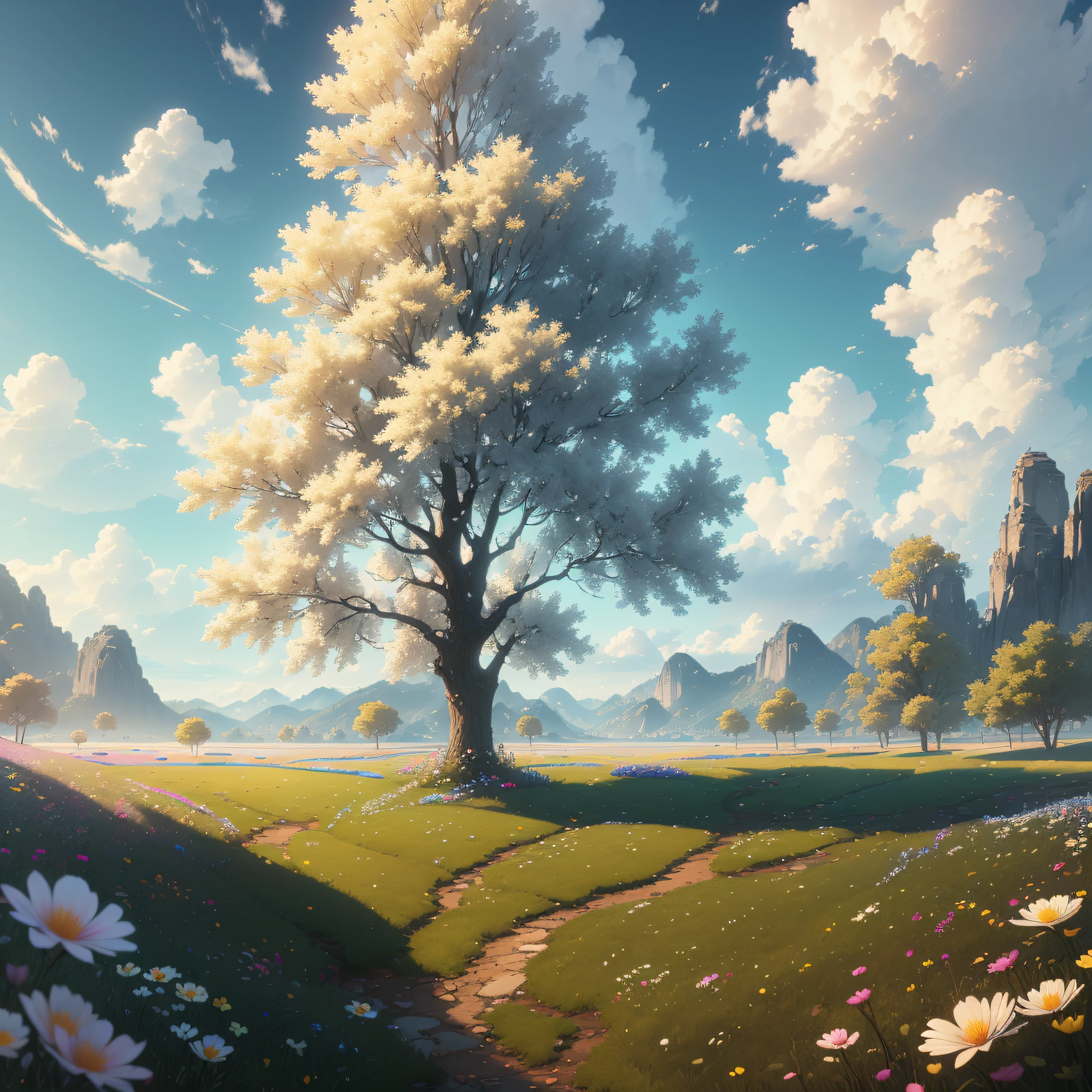 (extremely detailed CG unity 8k wallpaper, masterpiece, best quality, ultra-detailed), luminosity +1.5, floating, high saturation, a serene, idyllic grassland, featuring multicolored petals and foliage, a clear, blue sky, and white, fluffy clouds.