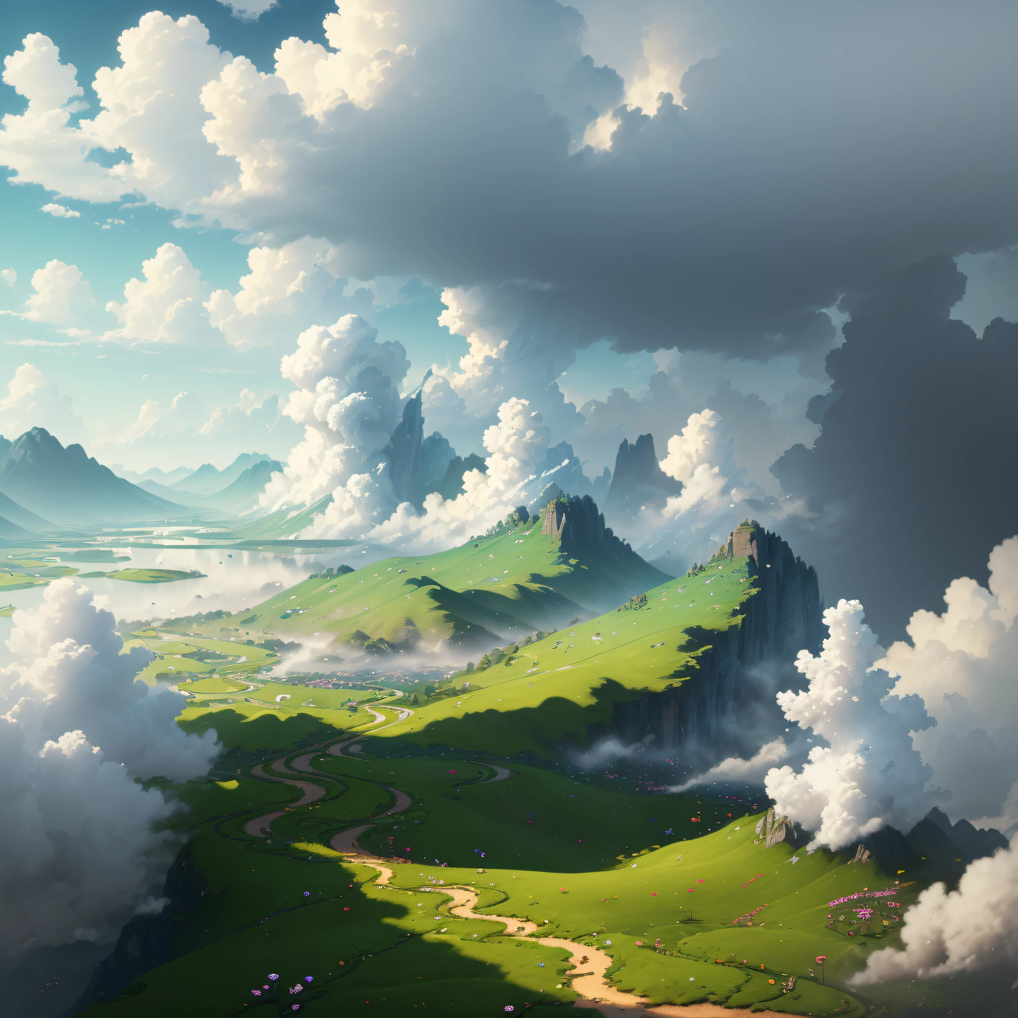 (extremely detailed CG unity 8k wallpaper, masterpiece, best quality, ultra-detailed), luminosity +1.5, floating, high saturation, a serene, idyllic grassland, featuring multicolored petals and foliage, a clear, blue sky, and white, fluffy clouds.