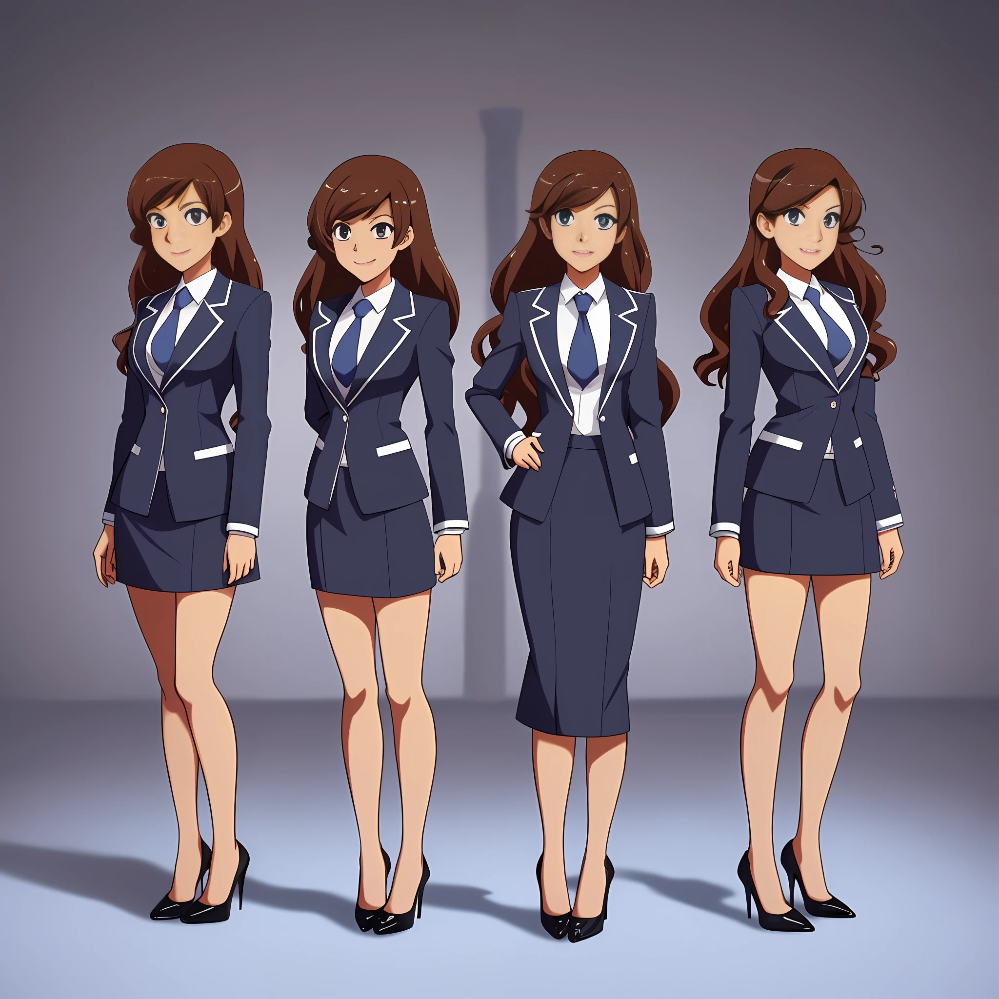 perfect anime illustration, multiple girls, clones, identical sisters, brown hair, curly hair, long hair, matching hairstyle, hazel eyes, smiling, business attire, blue skirt suit, pencil skirt, black high heels, matching outfits, businesswomen, highres, full body, bare legs, neat rows of sisters, neat columns of sisters, sisters standing in formation