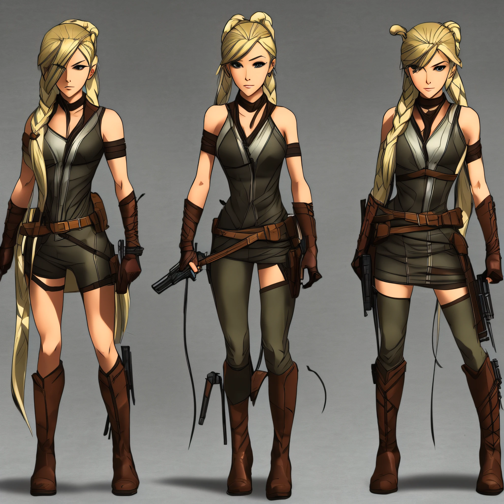 ANIME WOMAN CHARACTER, FULL BODY, standing, ((design sketches)), (masterpiece), long blonde hair with shaved viking braid on the side, , extremely detailed, (original design), (empowered poses), (unique accessories red dress up to the feet, long and fingerless gloves, brown leather boots, ), professionally retouched, white background, (female: 1.1) , (dirty: 1.1), (movement: 0.8), (young: 1.3), (sprint: 0.6) (the walking dead concept) ( Metal gear solid concept) --auto --s2