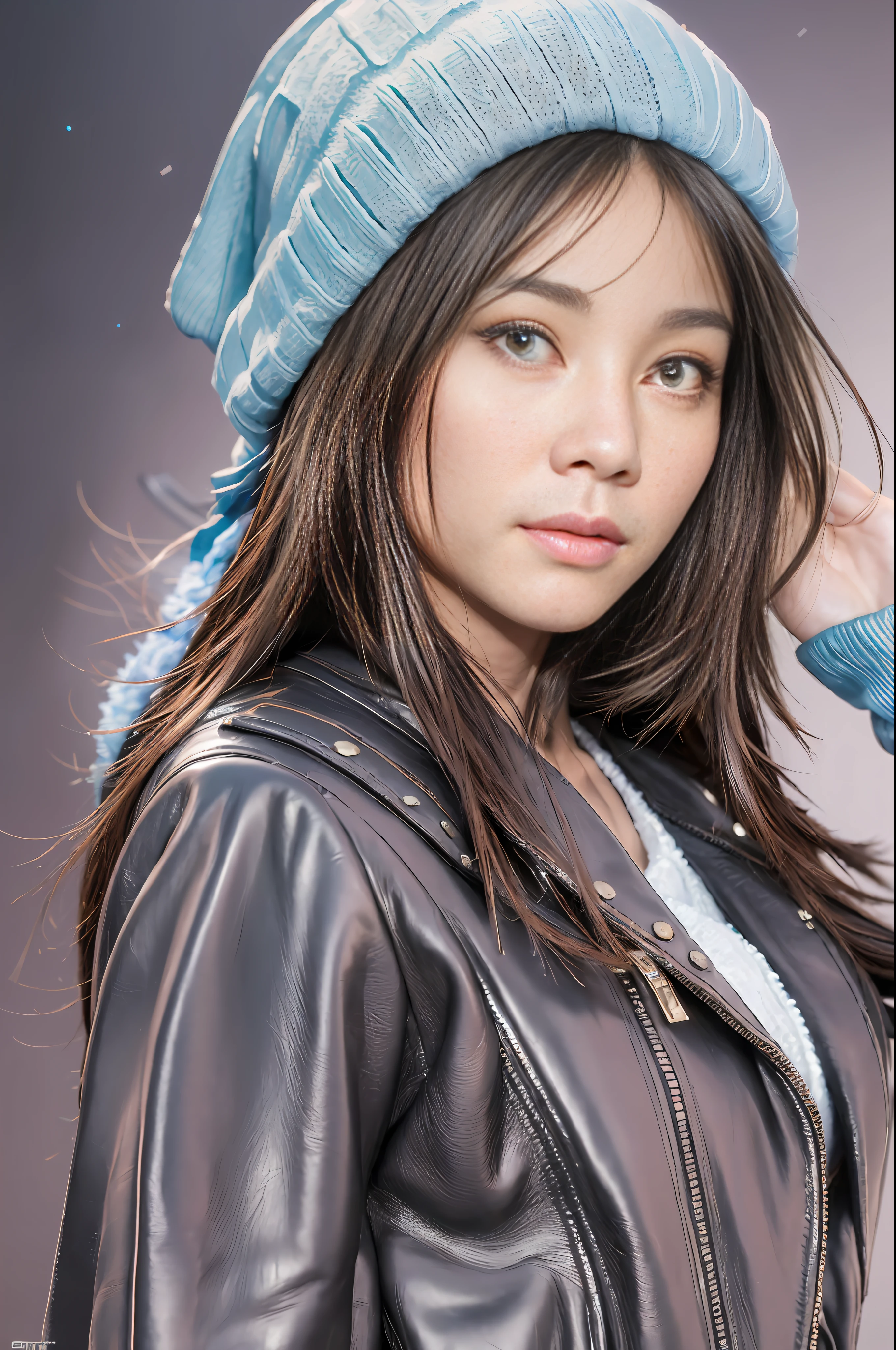 (
(8k:1.27), best quality, masterpiece, ultra highres:1.2) Photo of Pretty Japanese woman
(beautiful:1.1) (sci-fi warrior woman:1.1) space soldier, (beanie:1.61) (leather jacket:1.21) intricate elegant, fantasy, detailed, ometric by greg rutkowski and alphonse mucha, gradient lighting