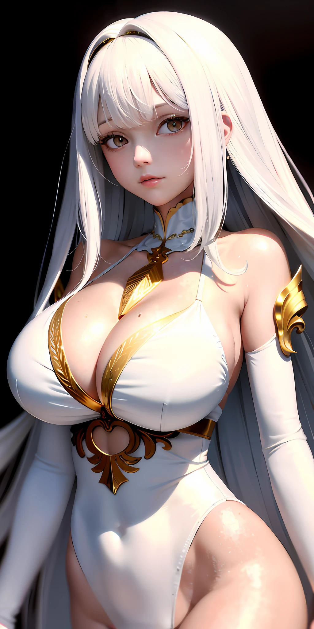 Top quality, masterpiece, gold-eyed, white clothes, looking up, fair skin, side blades, huge breasts, stunning lower body, long wavy white hair, raised bikini, metal accessories, one girl, imitation cleavage, sweaty skin