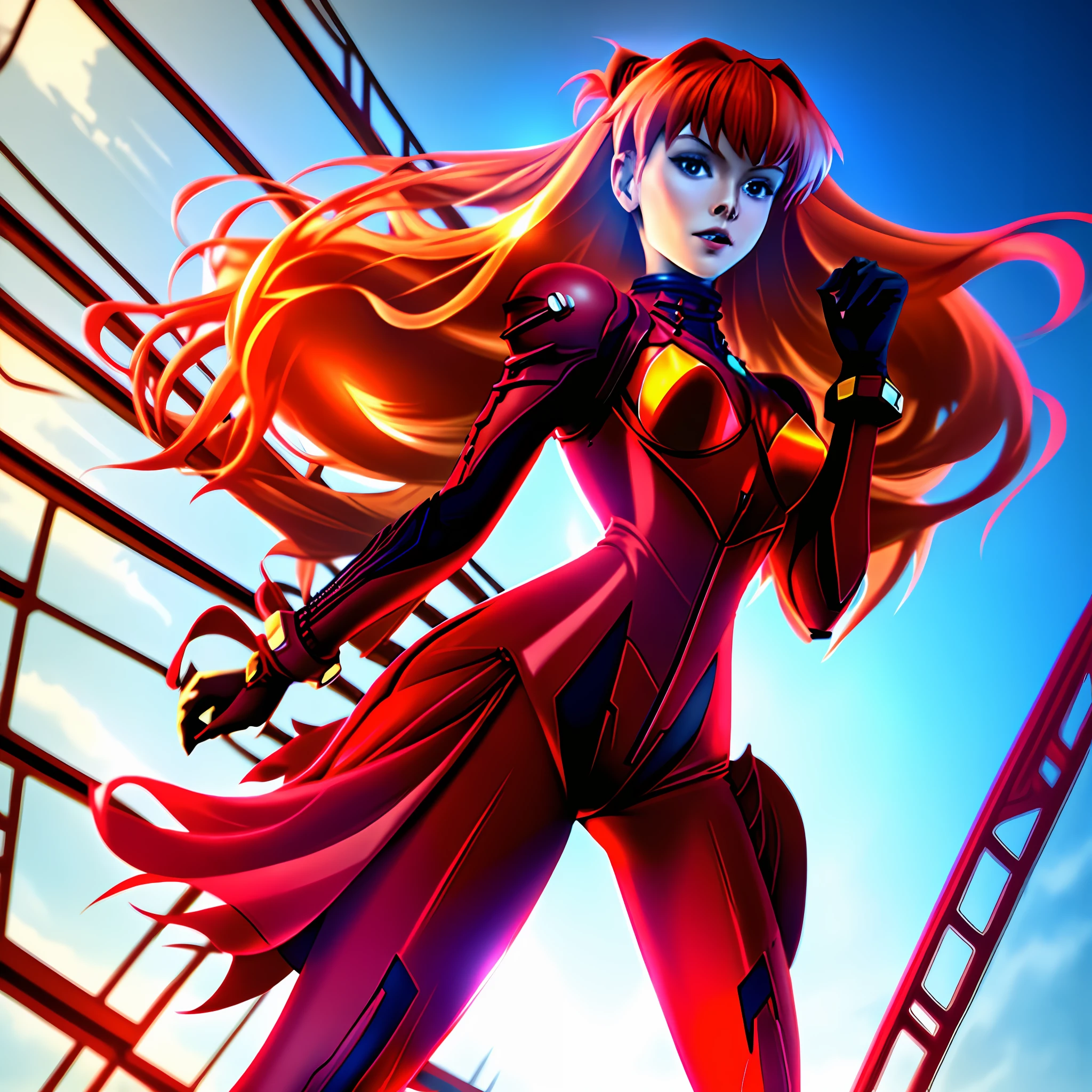 Tall beautiful woman with red hair in red futuristic armor