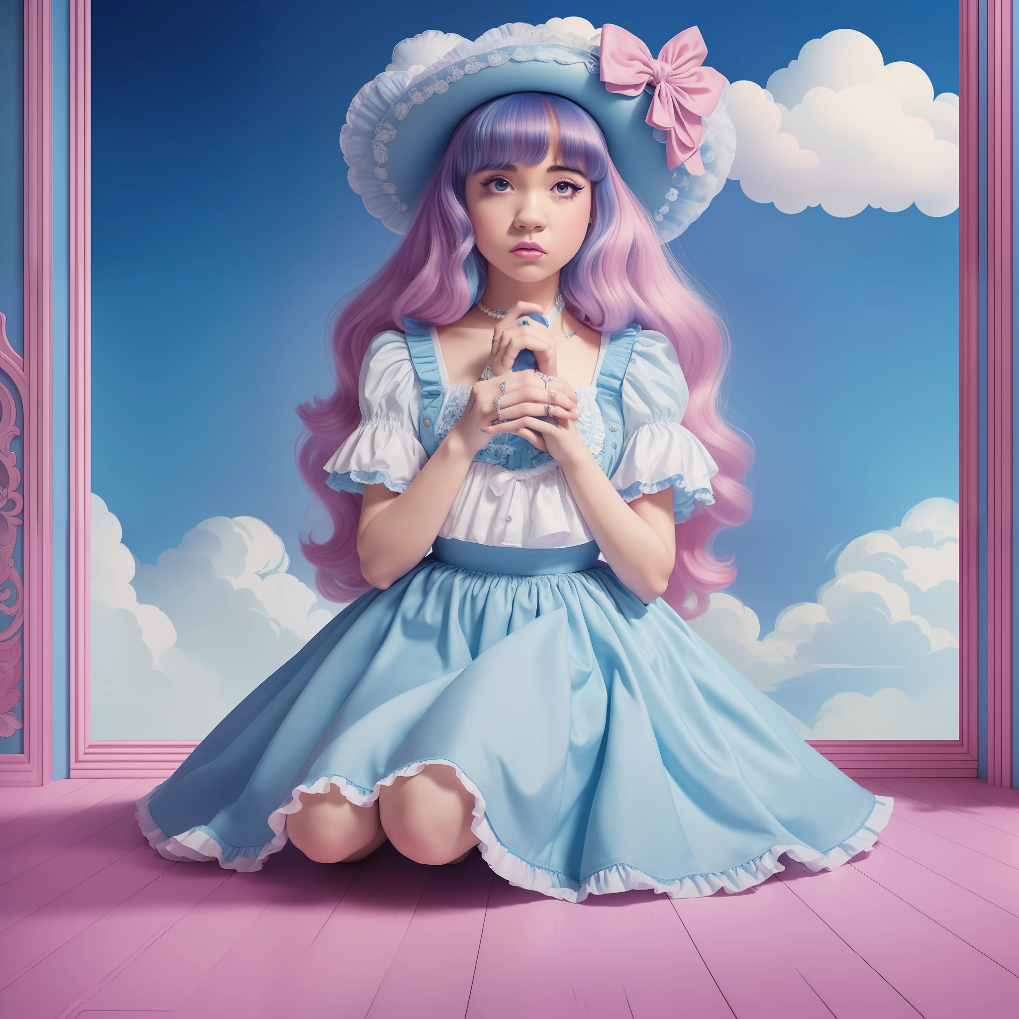 image of a woman sitting on a cloud with the word Cry Baby, Melanie Martinez, Grimes - Book 1 album cover, crying, alternate album cover, album cover!, crybernetic, crying, new album cover, album art cover, cover art, album art, album art, grimes, an album cover, colorful album art,  crying big blue tears