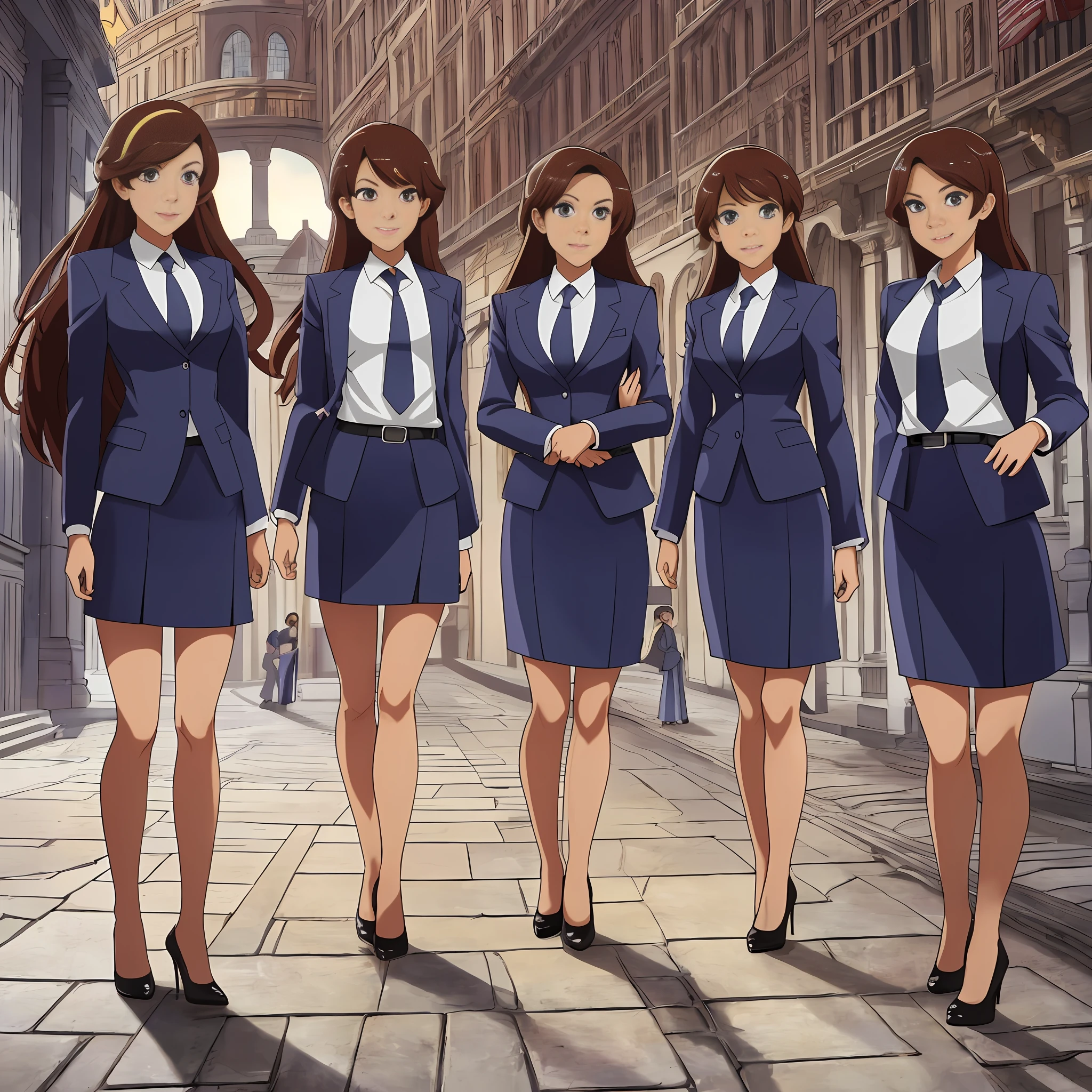 perfect anime illustration, multiple girls, clones, identical sisters, brown hair, curly hair, long hair, matching hairstyle, hazel eyes, smiling, business attire, blue skirt suit, pencil skirt, black high heels, matching outfits, businesswomen, highres, office, full body, bare legs, neat rows of sisters, neat columns of sisters, sisters standing in formation, sisters in background