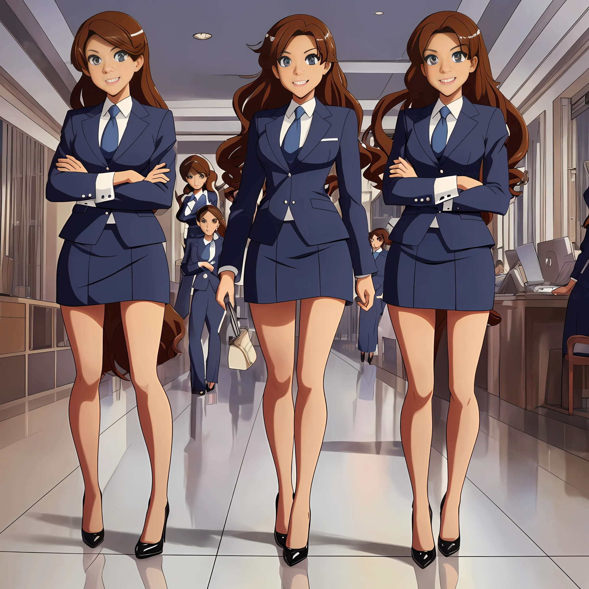 perfect anime illustration, multiple girls, clones, identical sisters, brown hair, curly hair, long hair, matching hairstyle, hazel eyes, smiling, business attire, blue skirt suit, pencil skirt, black high heels, matching outfits, businesswomen, highres, office, full body, bare legs, neat rows of sisters, neat columns of sisters, sisters standing in formation, sisters in background