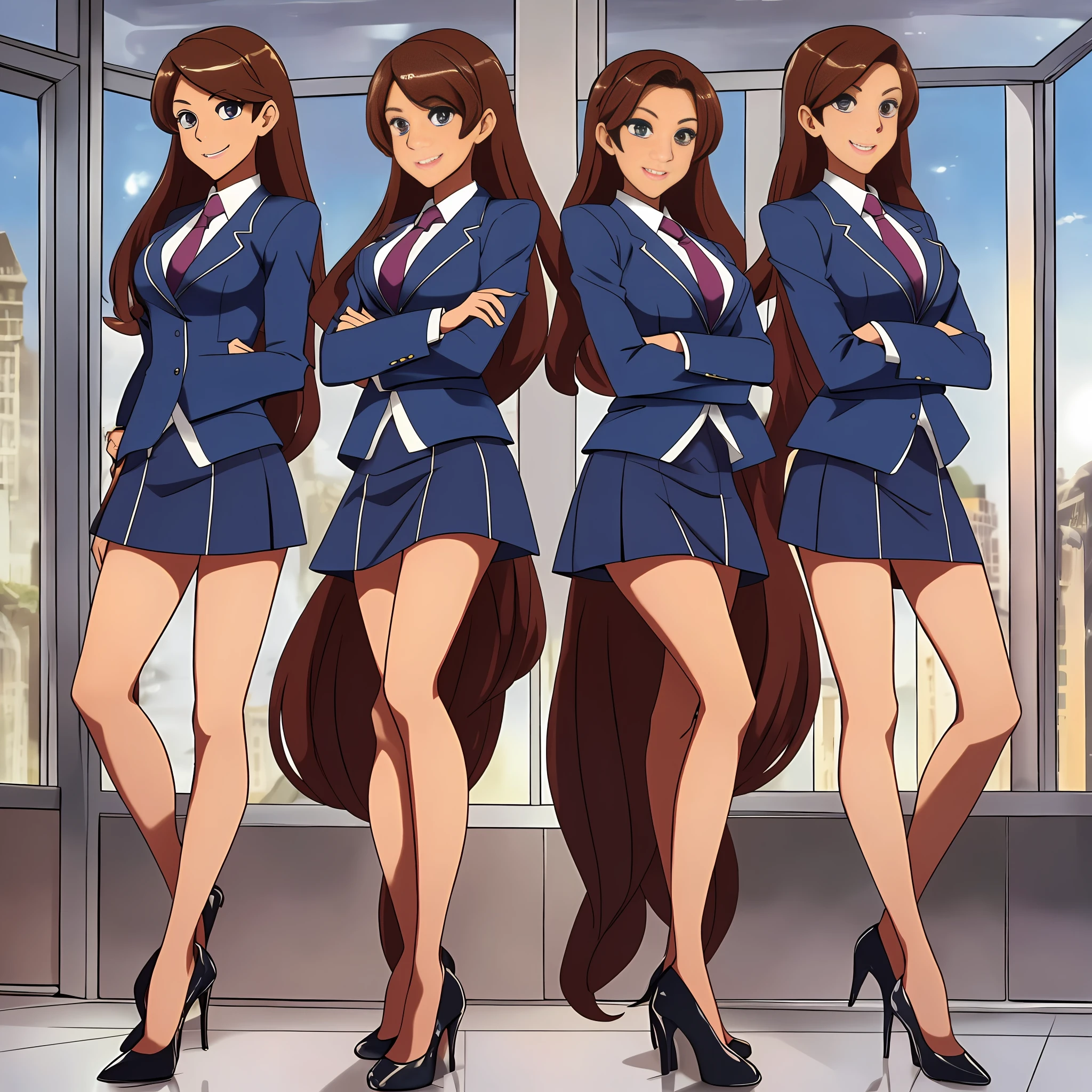 perfect anime illustration, multiple girls, clones, identical sisters, brown hair, curly hair, long hair, matching hairstyle, hazel eyes, smiling, business attire, blue skirt suit, pencil skirt, black high heels, matching outfits, businesswomen, highres, office, full body, bare legs, neat rows of sisters, neat columns of sisters, sisters standing in formation, sisters in background